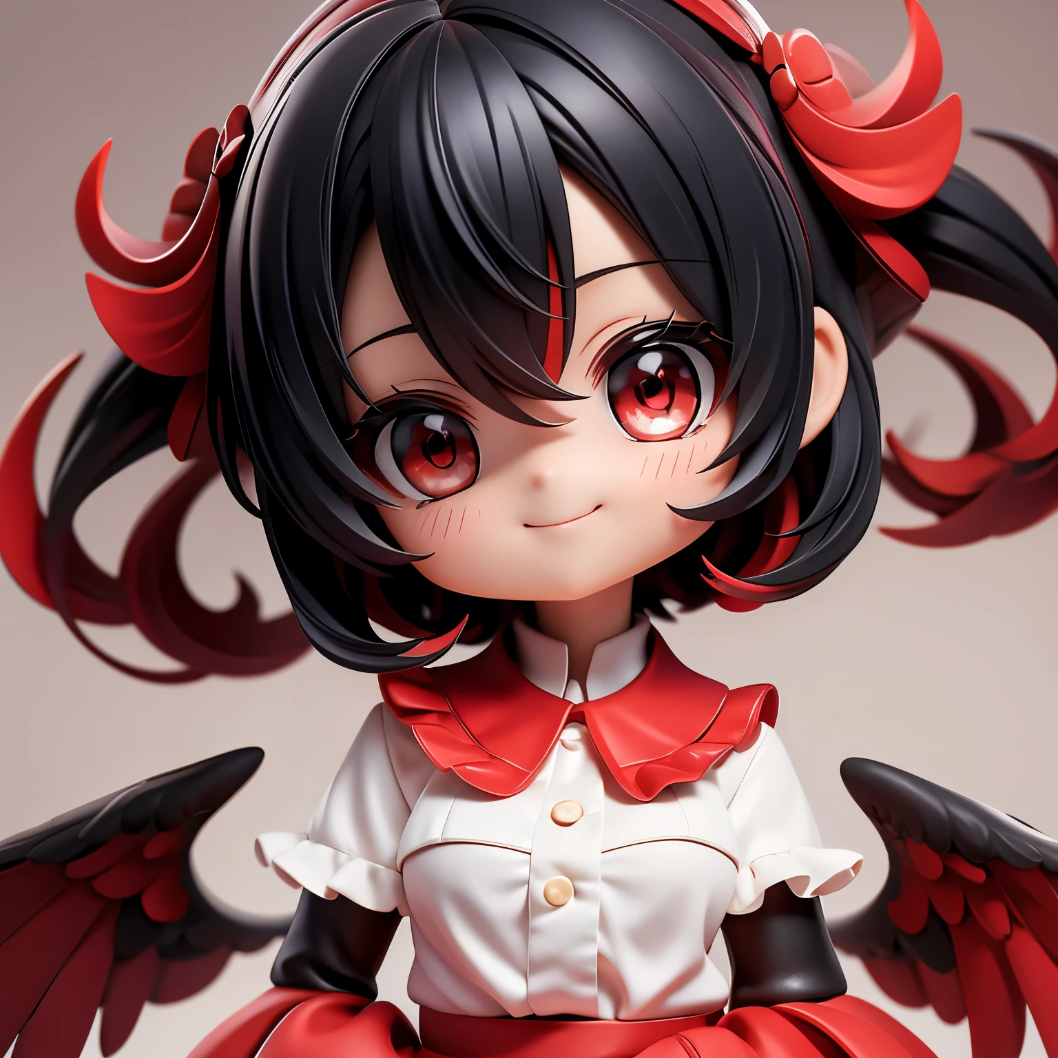 top quality, masterpiece, black hair, red eyes, look up, Upper body, kawaii, ruffled shirt, Smile,Red hair