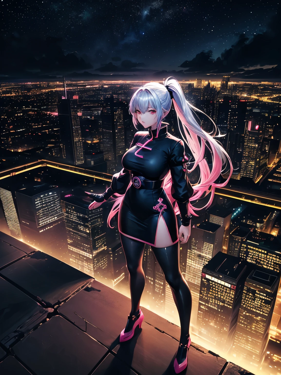 anime, (artwork, best quality, ultra-detailed, high contrast), 1 woman (Alone, full body, plus size body, standing on the edge of the skyscraper, silver hair, LONG In a ponytail, red eyes ruby sparkles, (black qipao, black cybernetics with neon pink), transparent black socks), (skyscraper roof, overlooking a city, detailed background ((night time, Darkness, low light pollution)))