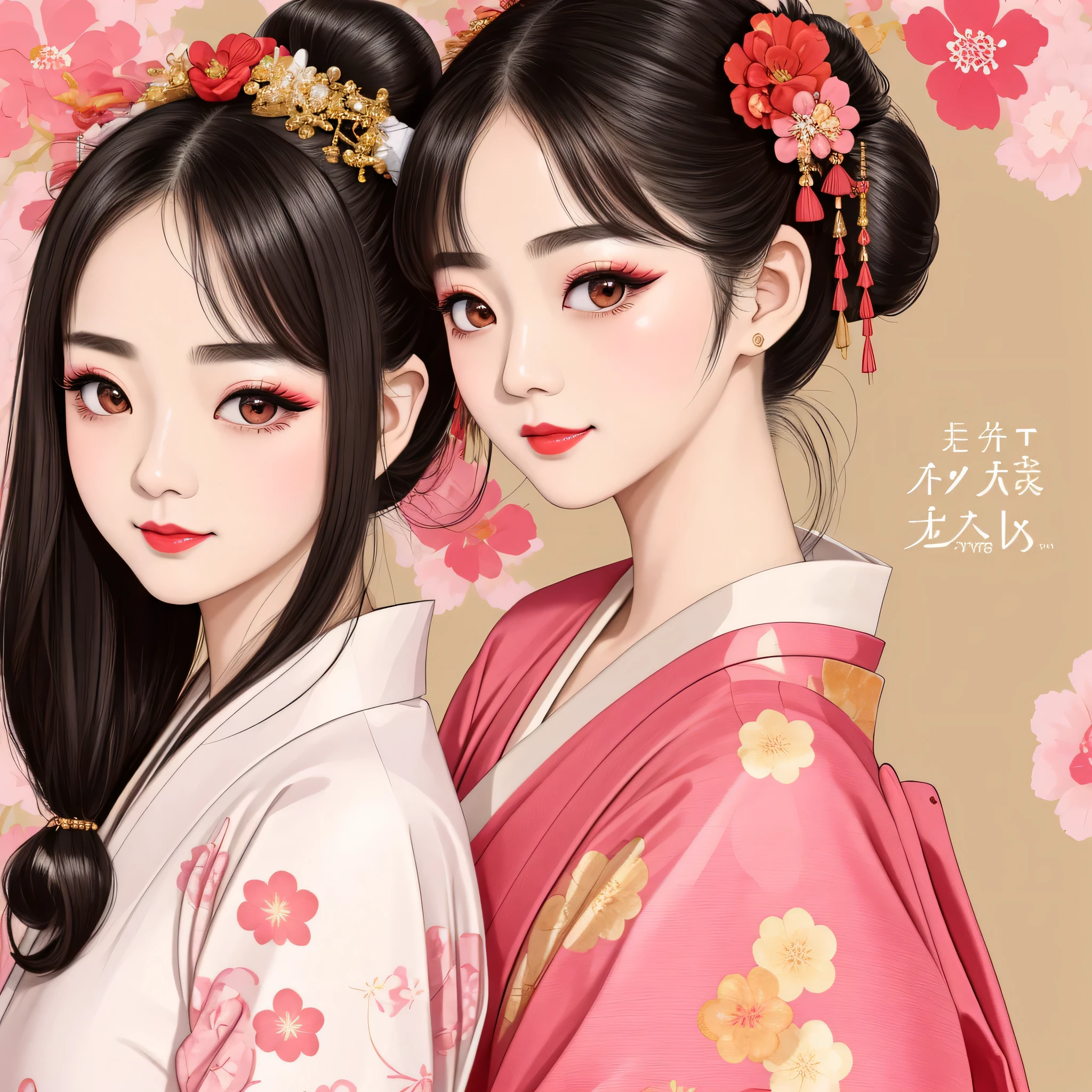 Each has a different expression2People and sisters、(2 girls)、⦅Dancing traditional arts with grace)、((Big Breasts、Small Face、Not exposed))、highest quality、masterpiece、(Black Hair、Bun Hair)、Brown Eyes、⦅Wide angle、Angle from above the waist、Pause on the magazine cover、Their gazes are different, gazing into the distance⦆、(8K High Quality、masterpiece、High resolution、Realistic and beautiful light and shadow、(highest quality)、(High Resolution)、(Very delicate and beautiful)、(Beautiful 8k face)、(With a smile、Beautiful eyes)、(Clear skin)、(Soft hair)、(8Head to Body)、(A Japanese style yukata kimono with red, pink and orange floral patterns on a white background, interspersed with gold powder、Wearing a yukata2Beautiful Japanese girls)、((Tanabata decoration background))、((Small Face))、(arms up)、Thin and small nose、(Red lipstick)、(Make your cheeks red)、(Glossy skin)、((Ink painting style))、Very thin eyebrows、Overall ultra-high image quality、(She is wearing maiko-style makeup.)、Whitening、Long and beautiful eyelashes、Glowing Skin、(Red cheeks),Straight nose、masterpiece、highest quality、whole body、 Eyebrows visible through hair、Bun Hair、Grin、Gal、Gal、Viewer's Eyes、Plaid、Stylish、woman、fine、Pause、
Waiting to start