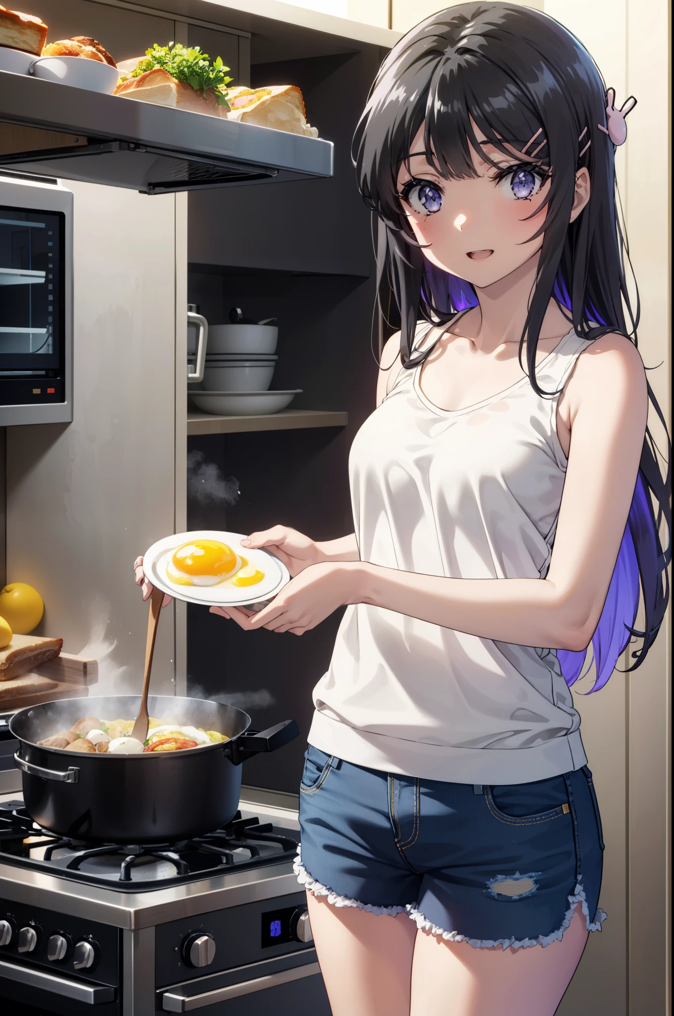 maisakurajima, Mai Sakurajima, Long Hair, bangs, (Black Hair:1.5), hair ornaments, (Purple eyes:1.1), Hair Clip, rabbit hair ornaments,Medium chest,happy smile, smile, Open your mouth,Tank top shirt,Shorts,morning,morning陽,Zend 4y4, cooking, pot, fire, Stove, Fried egg,Toasted bread,
break indoors, kitchen,
break looking at viewer, (Cowboy Shot:1.5),
break (masterpiece:1.2), highest quality, High resolution, unity 8k wallpaper, (shape:0.8), (Beautiful details:1.6), Highly detailed face, Perfect lighting, Extremely detailed CG, (Perfect hands, Perfect Anatomy),