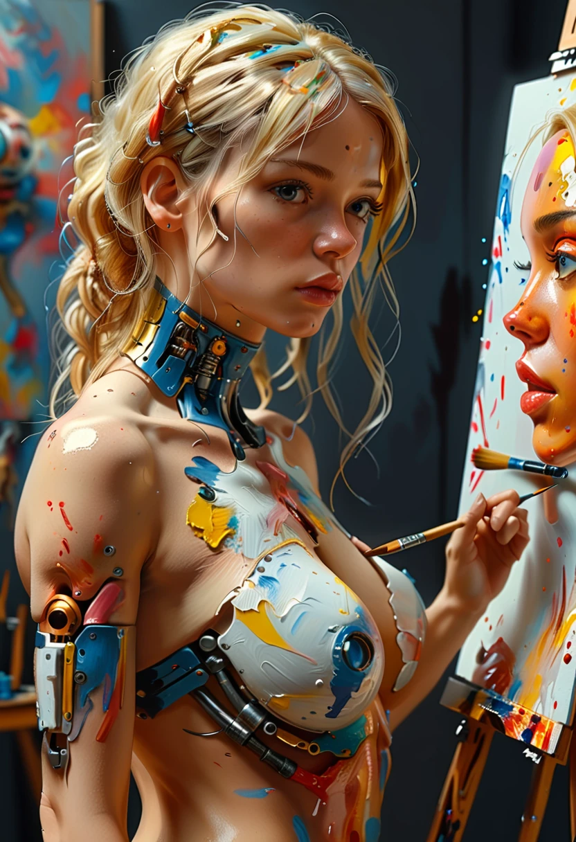 An easel, paints, an artist standing full-length, a cyborg woman painting a self-portrait with a brush in oil paints,, blonde hair, (Best quality, 4K, 8k, A high resolution, masterpiece:1.2), absurdity, masterpiece, ultra detailed, Side view:1.2, (realistic, photorealistic, photorealistic:1.37), complex parts, HDR, (complex parts:1.12), (hyper detailed, hyper realistic, Soft lighting, spicy:1.2), beautiful figure, Magnificent Anatomy, (complex part, Hyper detailed:1.15), Smooth skin,