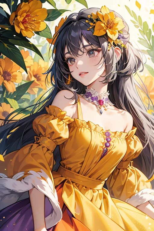 Ruby has white fur and black eyes with long gray whiskers. , she wears a purple shirt with a yellow dress on top of it, adorned with green and orange flowers. SPARKLE; GLITTER