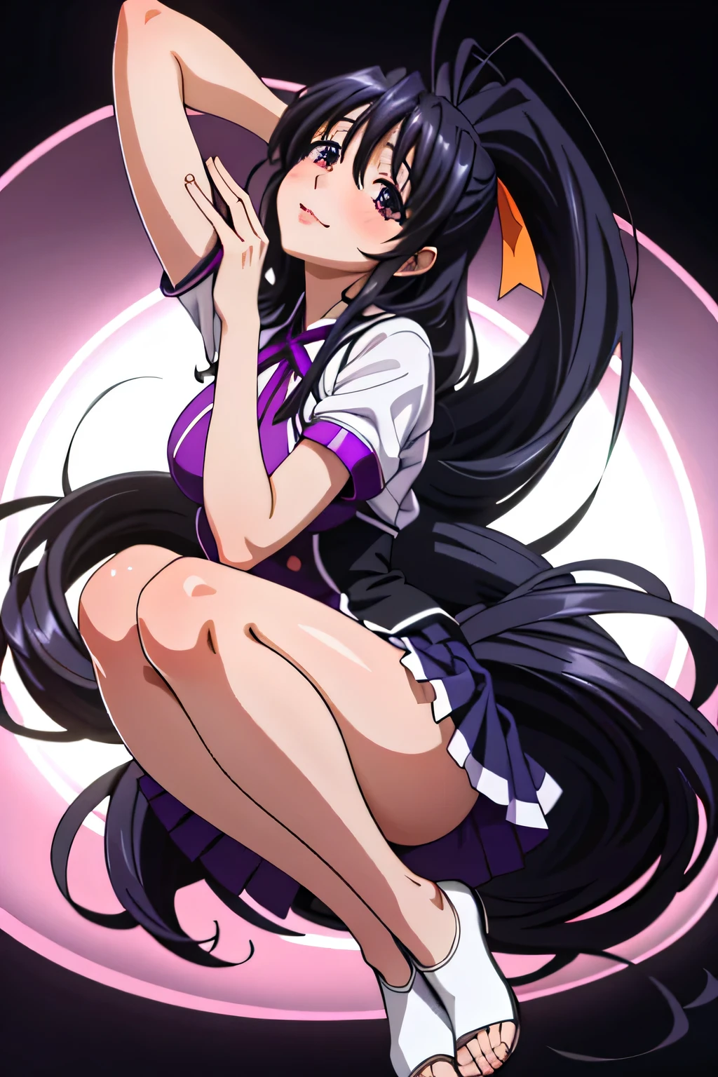 Himejima Akeno、Long Hair、(draw the eyes:1.2)、one person 、smile 、blush 
、mini skirt
、Looking up from below
、Stand with your feet wide apart
、(highest quality) 、(Fine skin:1.3)