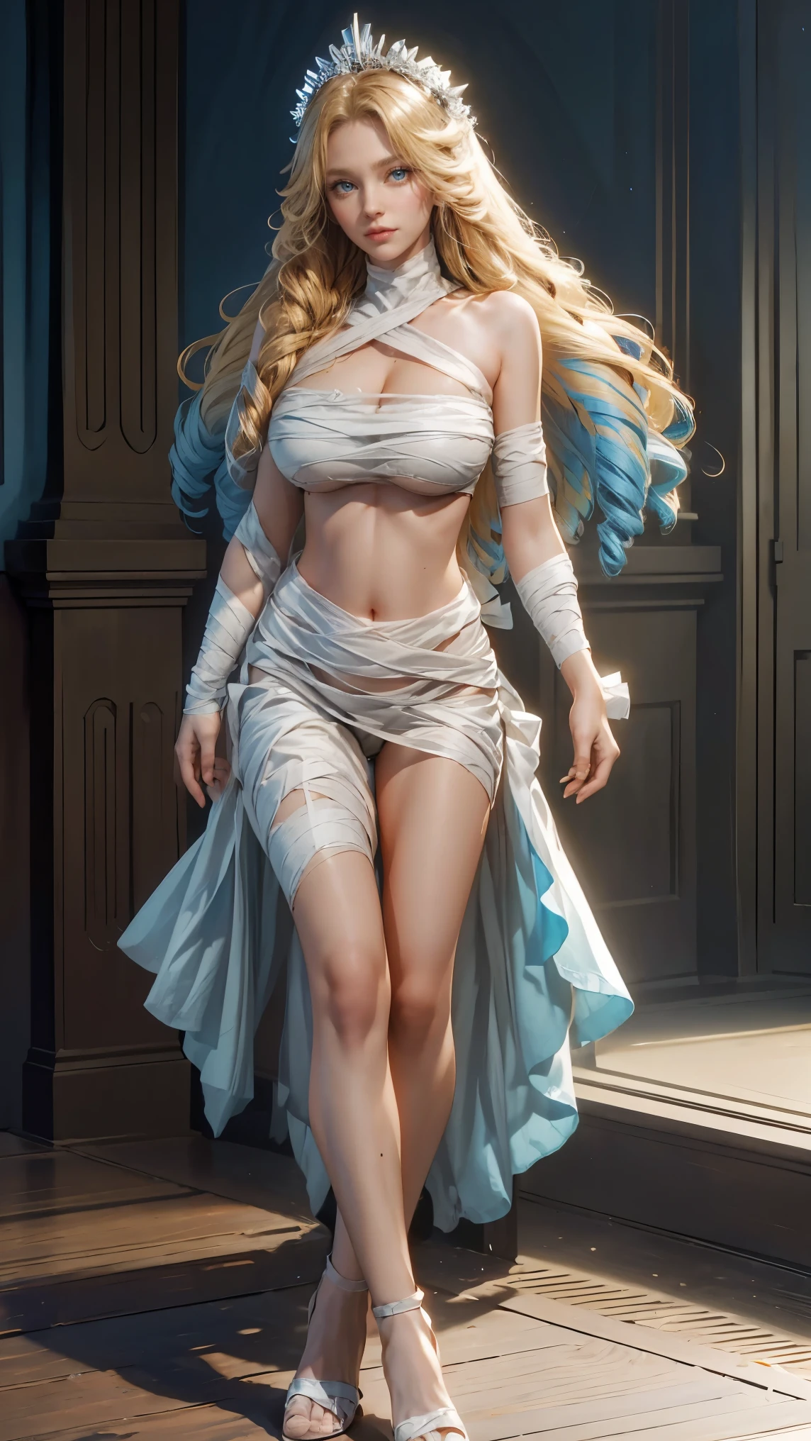 Best quality, masterpiece, ultra high res, raw photo, beautiful and aesthetic,deep shadow, dark theme,(ultra detailed:1.3),
1girl, dynamic pose, Headdress, hair ornament, full of curtain, drill hair, long hair, blonde hair, gradient hair, yellow eyes, solo, huge breasts, G-cup, big hair, blue hair, tiara, divine goddess, looking at viewer, chinese city, indoors, bedroom, astraea, full body, (bandages suit),((gigantic breasts,cleavage,bandages around arms,bandages around legs)),navel,white thongs,revealing clothes