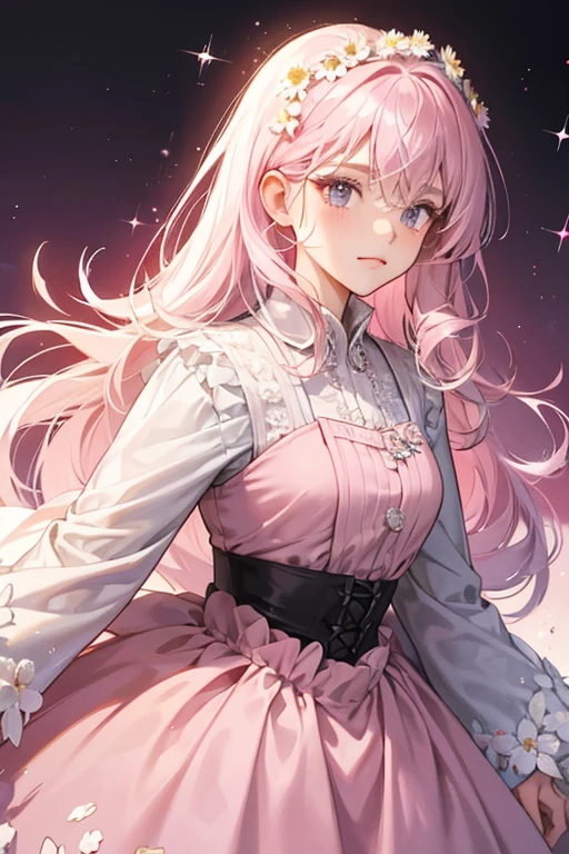 Ruby has white fur and black eyes with long gray whiskers. , she wears a dark pink dress on top of a light pink shirt with daisies on it. SPARKLE; GLITTER
