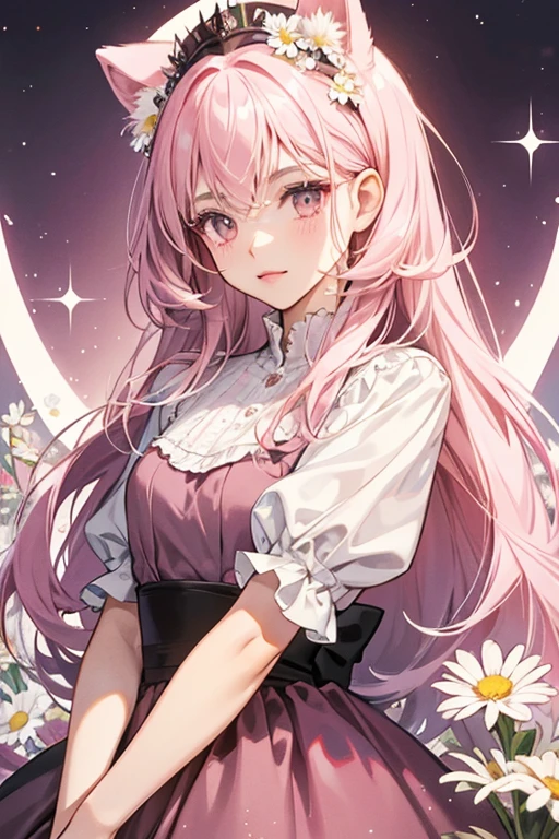 Ruby has white fur and black eyes with long gray whiskers. , she wears a dark pink dress on top of a light pink shirt with daisies on it. SPARKLE; GLITTER
