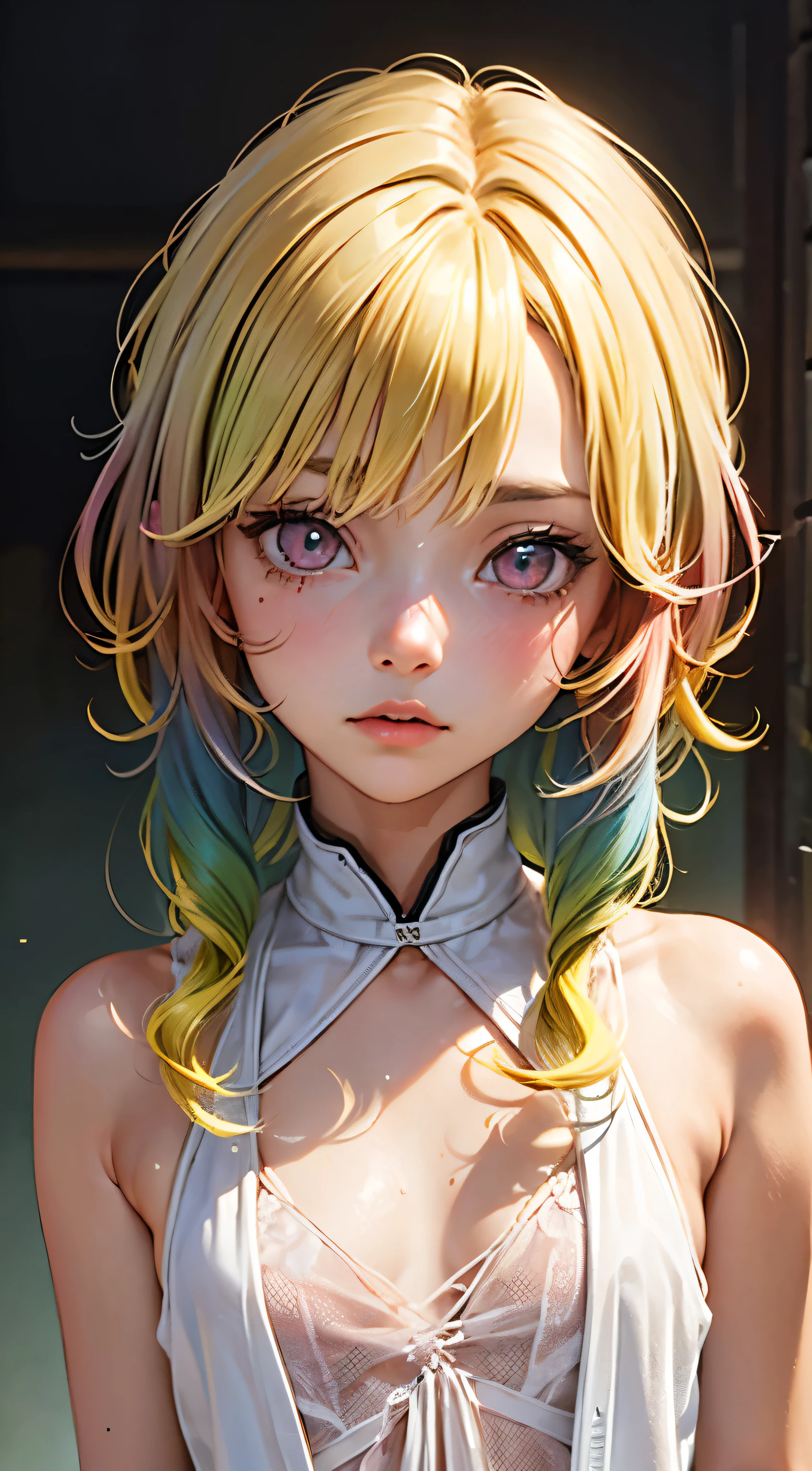 One woman, alone, alone Focus, Cowboy Shot, Portraiture,, Beaver,Half water color, Half Green, ((Brown Hair)), (Yellow Hair), (Gradient Hair :1.5), Curly Hair, ((Pink Eyes)), Ultra-detailed eyes, work, White see-through, (Small TI quality, Very detailed,Full Shot