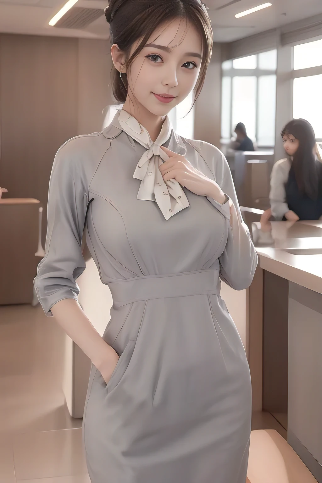 (masterpiece:1.2、highest quality:1.2)、32K HDR、High resolution、(alone、1 girl、Slim figure)、(Realistic style with Starlux Airlines uniform)、 (In the airport lounge, Professional Lighting)、A proper woman, Beautiful Face,、(Starlux Airlines silver uniform:1.4)、(Starlux Airlines silver uniform with short sleeves)、(scarf on chest)、Big Breasts、(Long hair updo、Chignon)、Dark brown hair、Long Shot、((Fine hand:2.0))、((Harmonious body proportions:1.5))、((Normal limbs:2.0))、((Normal finger:2.0))、((Delicate eyes:2.0))、((Normal eyes:2.0)))、Beautiful standing posture