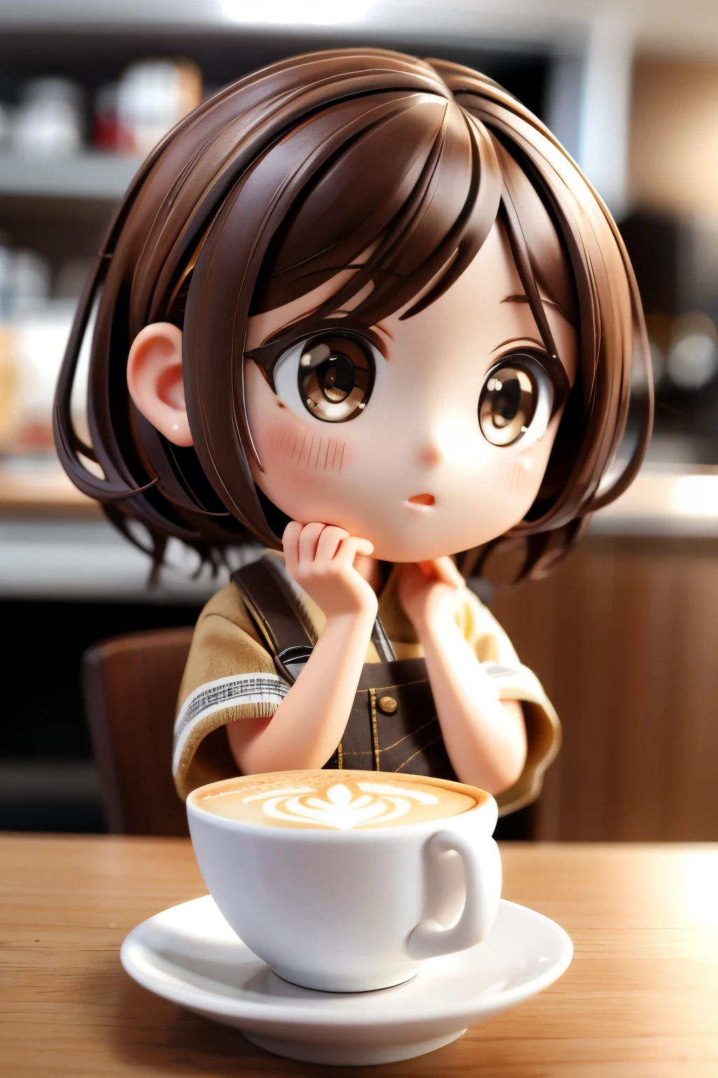 Photoreal、Chibi girl surprised to see artistic cafe latte art