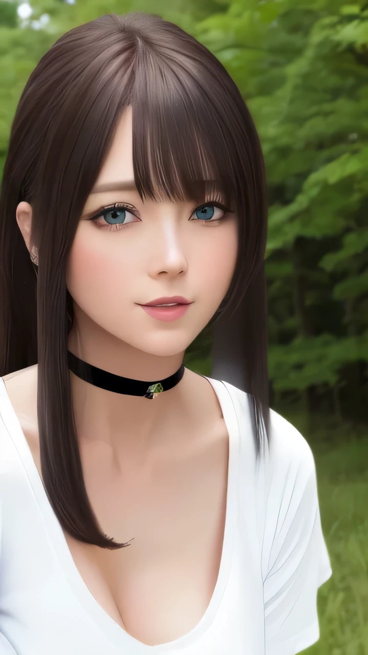 masterpiece, Front view, Cute Japanese aristocratic woman, (輝くBrown Hair, Straight Long Hair), ((Ivory tight T-shirt, mini skirt)), Very cute face, Glossy Lips, Double eyelids on both eyes, Natural Makeup, Brown Hair, Asymmetrical bangs, High resolution, Attention to detail, Detailed hairstyle, Detailed face, Octane Rendering, Ultra-realistic, Perfect limbs, ((Black choker)), blue eyes, (Big Breasts), ((Slim body:1.5)), Cool Beauty, ((Slim face)), smile, Mature Woman, Browsing Caution:-1.2, Long, Bushy Eyelashes, Cleavage, ((Rural outskirts)), 