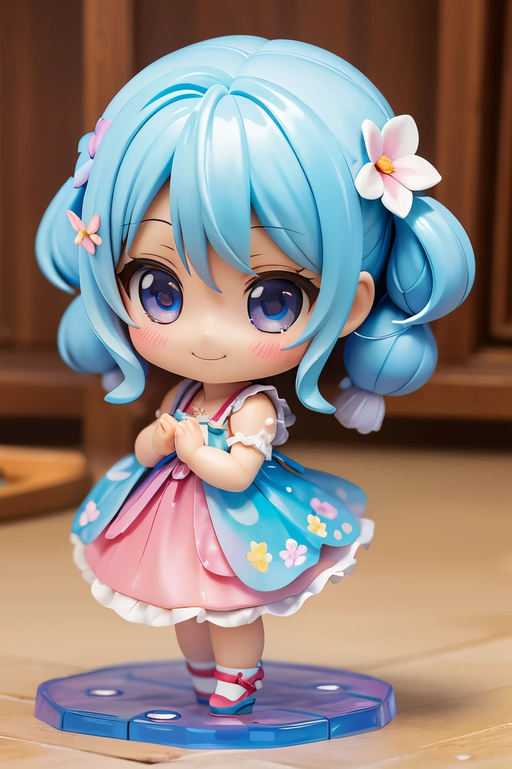 photoRealstic、Doll standing in front of the painting（nendroid）、A smile、Water droplets on the cheeks、In a cute pose、watercolor Nendoroid、(High Definition Figure)、Flowing iridescent silk、up of face、Eye Up、Colorcon with heart pattern、Floral dresaking a heart with both hands、There are also flowers in front of the nendroids、flower petals、season!!: summer☀ 🍂