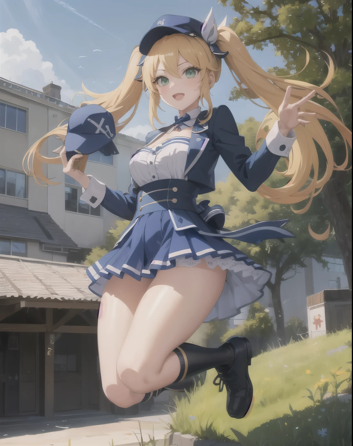 action pose, blue hat, jumping, dokibird, green eyes, blonde hair, twintails, long hair, perfect face, top rated on pixiv, at pixiv, beautiful alluring anime woman, attractive anime woman, pixiv 3dcg, popular on pixiv, beautiful anime girl, beautiful anime woman,