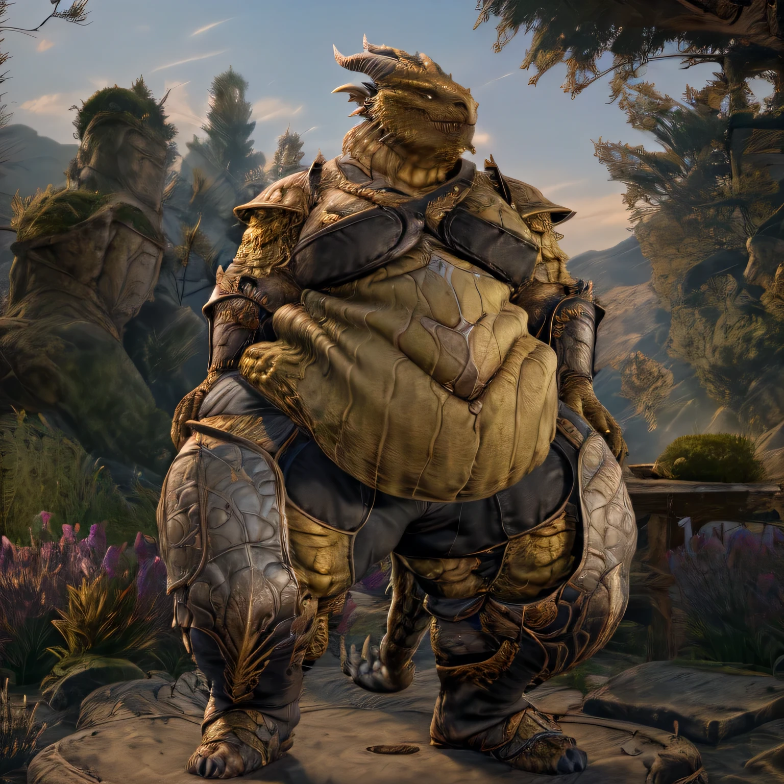 fantasy tavern setting, dragonbron, male, (yellow body scales:1.5), (short messy blue hair), (morbidly obese:1.5), flabby, fat, corpulent, saggy, cellulite, (overweight:1.5),  (big fat belly, saggy, flabby. folds, belly rolls), (big and wide round flabby and saggy fat ass cheeks), (big pillowy obese and round man boobs),  ((flabby obese love handles)), folds,, wearing wearing a complete full body paladin knight heavy plate armor, happy, looking at viewer, full body view, standing towards the viewer, front body view, on the beach, full body view
BREAK,
(detailed background:1.2),high detail, film photography, RAW candid cinema, realistic, analog style, best quality, ultra realistic, 8k,by Kenket,