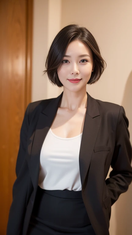 masterpiece,highest quality, (Mature Woman、42 years old),  Glare, （Grey blazer）, （White shirt：1.2）, （Black pencil skirt：1.4）、double eyelid, eyelash, Lip gloss, (smile:1),  (Looking at the audience、Whole body image、Are standing), （Modern hotel lobby:1.6）、Written boundary depth、尖ったRed Mouth、(Black wet shiny short hair),Red Mouth,clavicle、（Full body portrait：1.6）、Digital Illustration, (Photorealistic:1.3),(RAW Photos.)