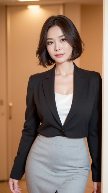 masterpiece,highest quality, (Mature Woman、42 years old), Glare, (Grey blazer), (White shirt:1.2), (Black pencil skirt:1.4)、double eyelid, eyelash, Lip gloss, (smile:1), (Looking at the audience、Whole body image、Are standing), (Modern hotel lobby:1.6)、Written boundary depth、尖ったRed Mouth、(Black wet shiny short hair),Red Mouth,clavicle、(Full body portrait:1.6)、Digital Illustration, (Photorealistic:1.3),(RAW Photos.)