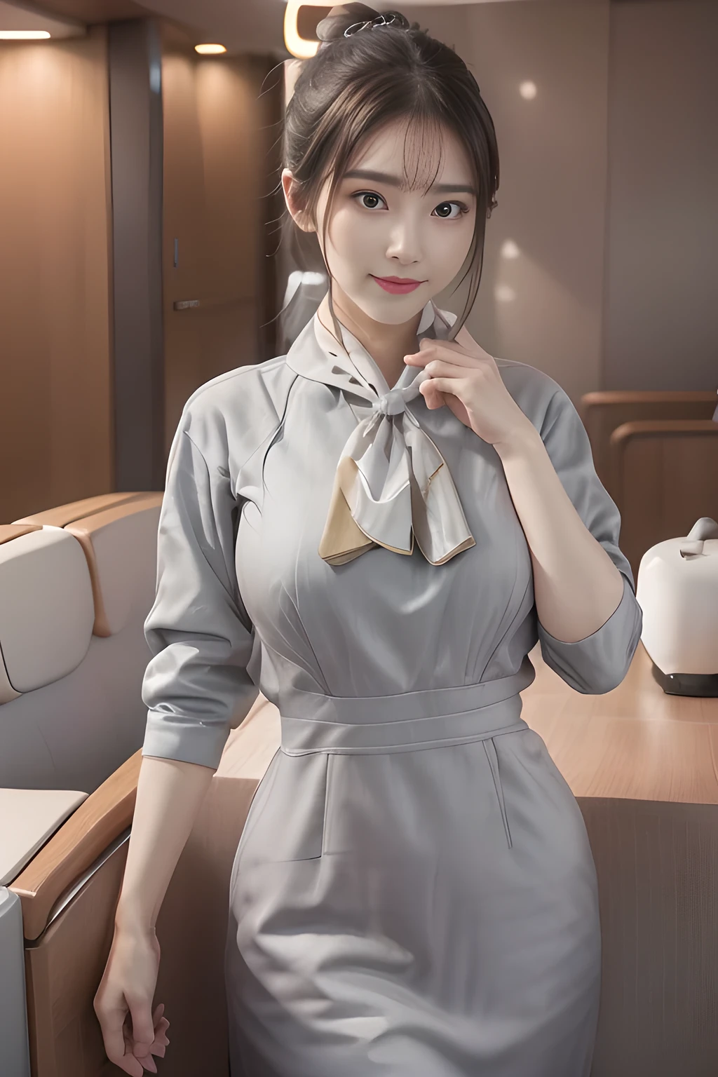 (masterpiece:1.2、highest quality:1.2)、32K HDR、High resolution、(alone、1 girl、Slim figure)、（Realistic style with Starlux Airlines uniform）、 (In the airport lounge, Professional Lighting)、A proper woman, Beautiful Face,、（Starlux Airlines silver uniform:1.4）、（Starlux Airlines silver uniform with short sleeves）、（scarf on chest）、Big Breasts、（Long hair updo、Chignon）、Dark brown hair、Long Shot、（（Fine hand：2.0））、（（Harmonious body proportions：1.5））、（（Normal limbs：2.0））、（（Normal finger：2.0））、（（Delicate eyes：2.0））、（（Normal eyes：2.0））)、Beautiful standing posture