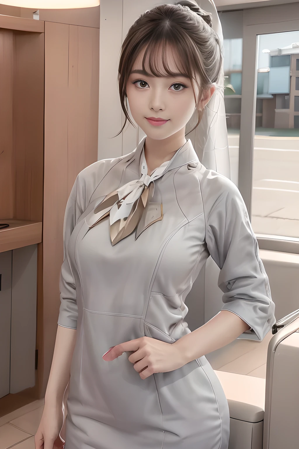 (masterpiece:1.2、highest quality:1.2)、32K HDR、High resolution、(alone、1 girl、Slim figure)、（Realistic style with Starlux Airlines uniform）、 (In the airport lounge, Professional Lighting)、A proper woman, Beautiful Face,、（Starlux Airlines silver uniform:1.4）、（Starlux Airlines silver uniform with short sleeves）、（scarf on chest）、Big Breasts、（Long hair updo、Evening updo）、Dark brown hair、Long Shot、（（Fine hand：2.0））、（（Harmonious body proportions：1.5））、（（Normal limbs：2.0））、（（Normal finger：2.0））、（（Delicate eyes：2.0））、（（Normal eyes：2.0））)、Beautiful standing posture