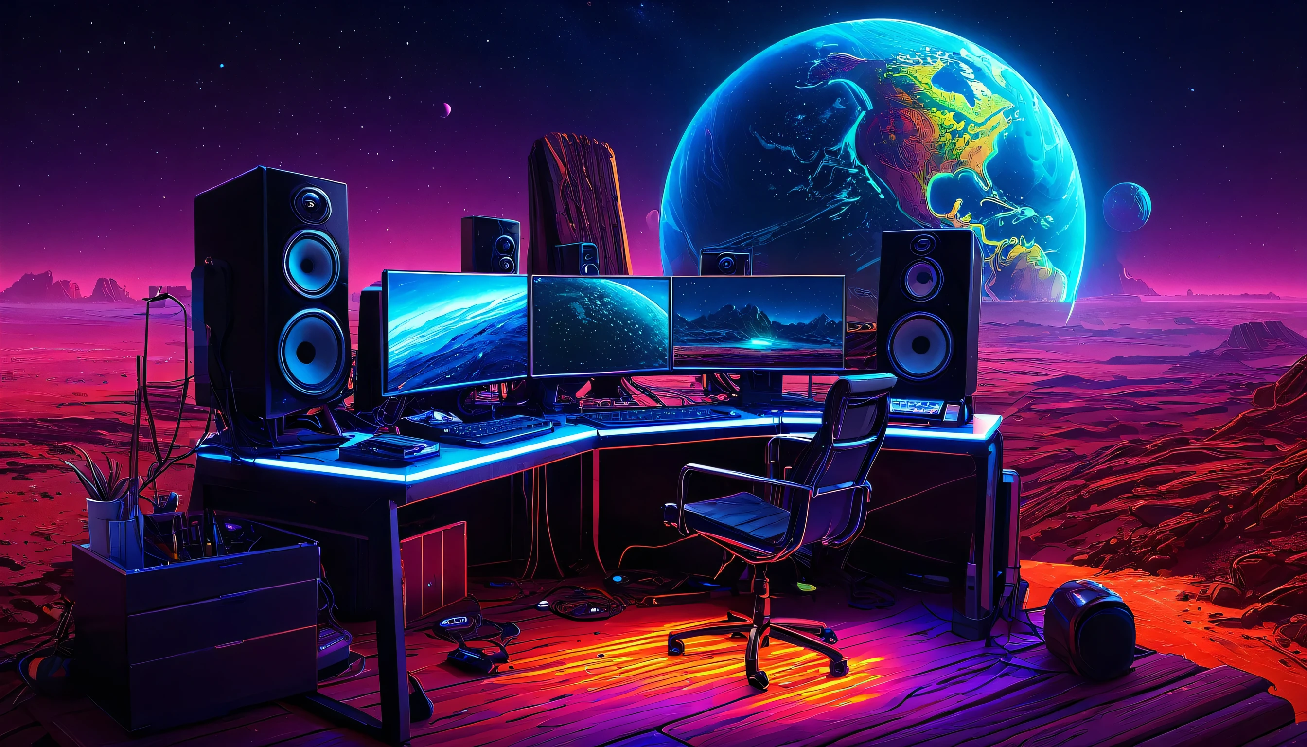 glowing planet globes, highly saturated colors, detailed illustration, digital art, overdetailed art, concept art,dan mumford, Greg Rutkowski, trending on art station, a music producer sits mixing with a minimal outdoor set up of a desk, screen, and speakers, on the planet mars, neon colors, high quality, Spacey