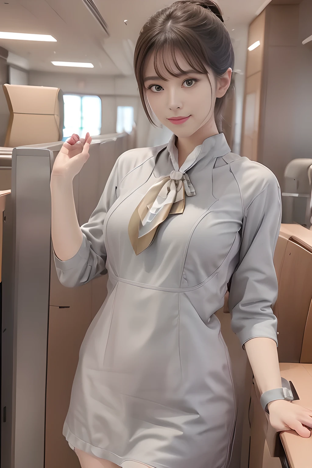 (masterpiece:1.2、highest quality:1.2)、32K HDR、High resolution、(alone、1 girl、Slim figure)、（Realistic style with Starlux Airlines uniform）、 (In the airport lounge, Professional Lighting)、A proper woman, Beautiful Face,、（Starlux Airlines silver uniform:1.4）、（Starlux Airlines silver uniform with short sleeves）、（scarf on chest）、Big Breasts、（Long hair updo、Evening updo）、Dark brown hair、Long Shot、（（Fine hand：2.0））、（（Harmonious body proportions：1.5））、（（Normal limbs：2.0））、（（Normal finger：2.0））、（（Delicate eyes：2.0））、（（Normal eyes：2.0））)、Beautiful standing posture