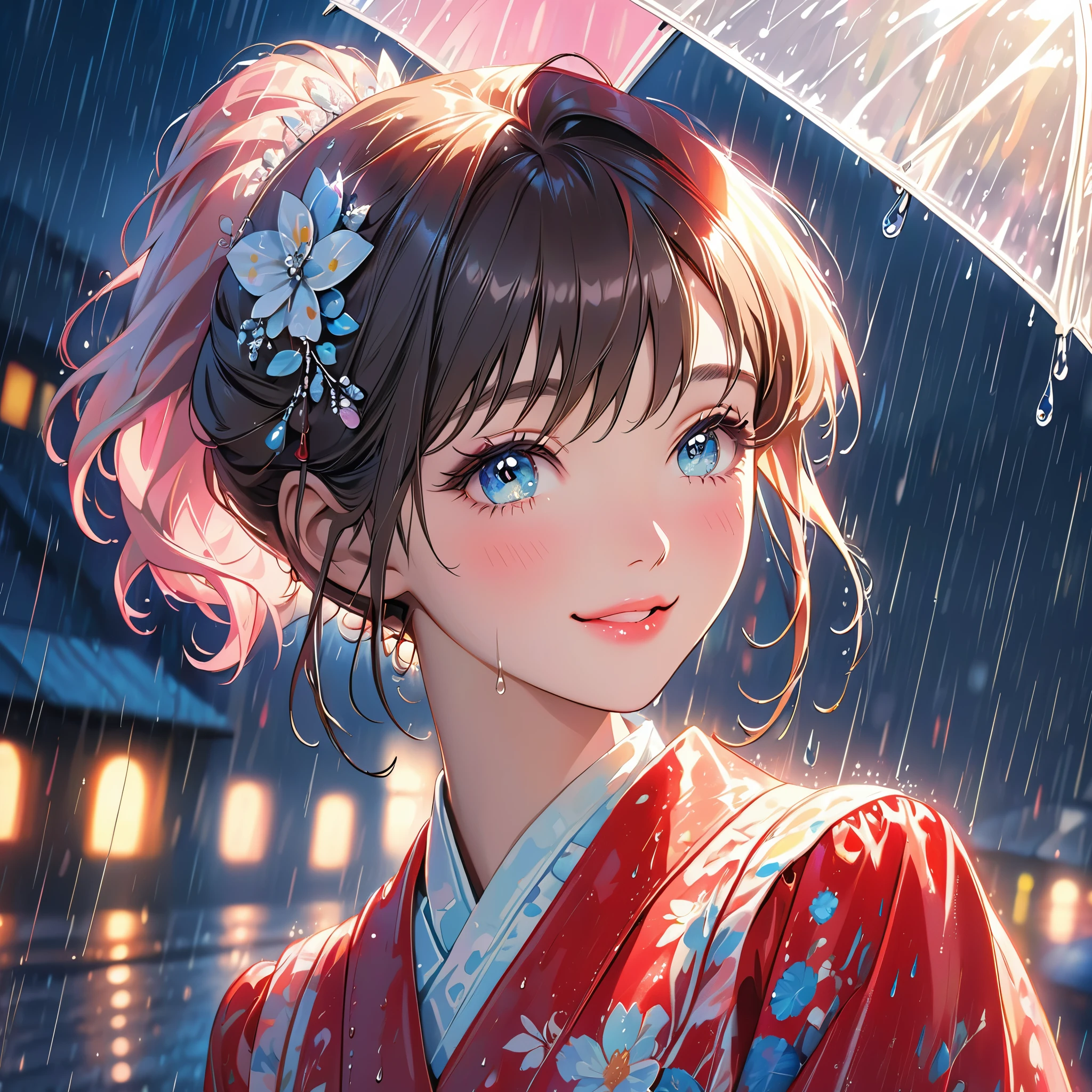 best quality, highres, ultra-detailed, realistic:1.37, vibrant colors, portrait, soft lighting, long eyelashes, sparkling eyes, glossy lips, detailed skin, retro pattern, pastel colors, smile while crying, dreamy atmosphere, elegant pose, nostalgic vibes, glittering highlights, flawless complexion, 80s style fashion, retro hairdo, pink blush, delicate features, diamond-like eyes,((rain squall:1.5)),Dark city silhouette background