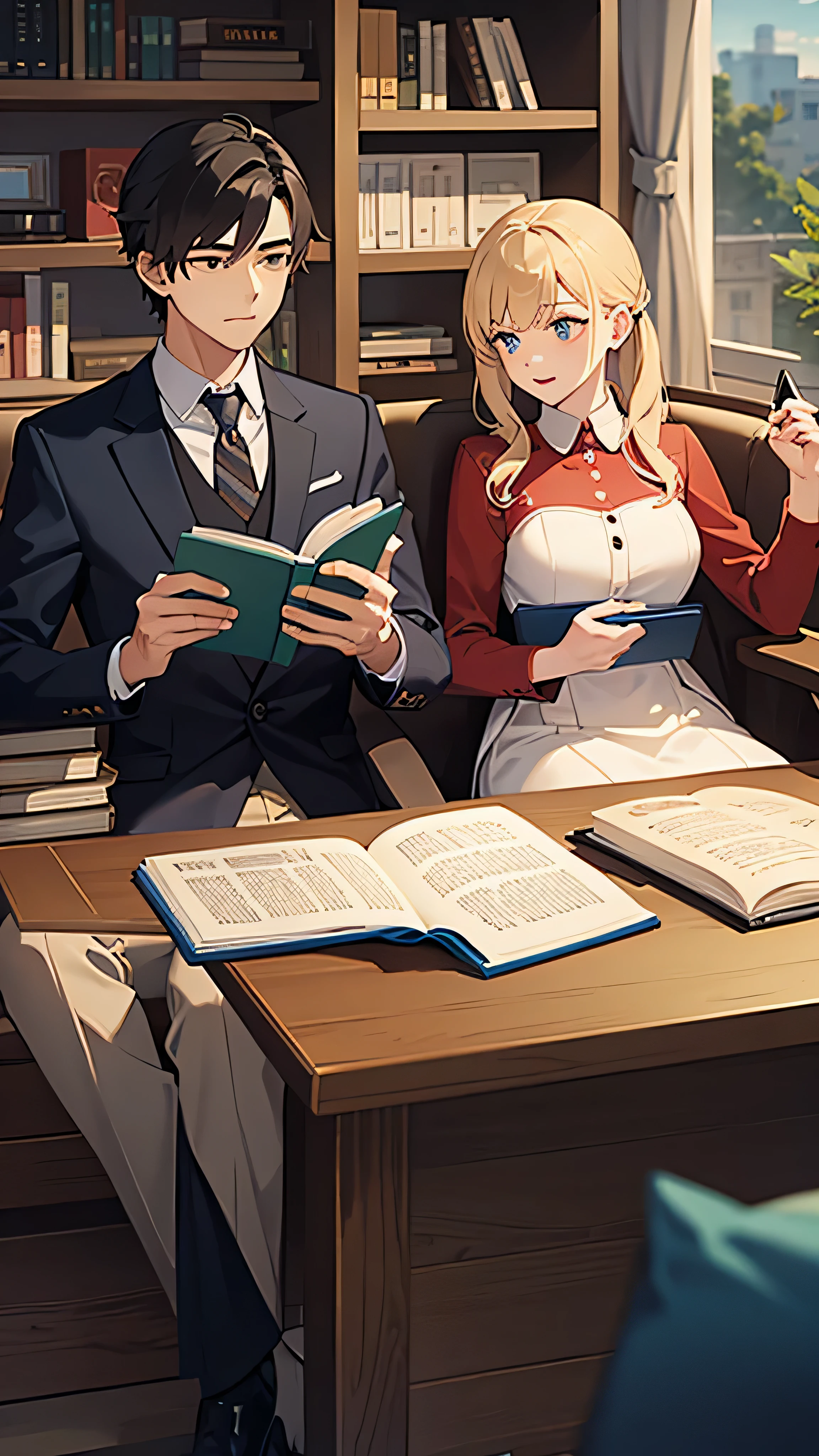 A man and a woman reading a book together