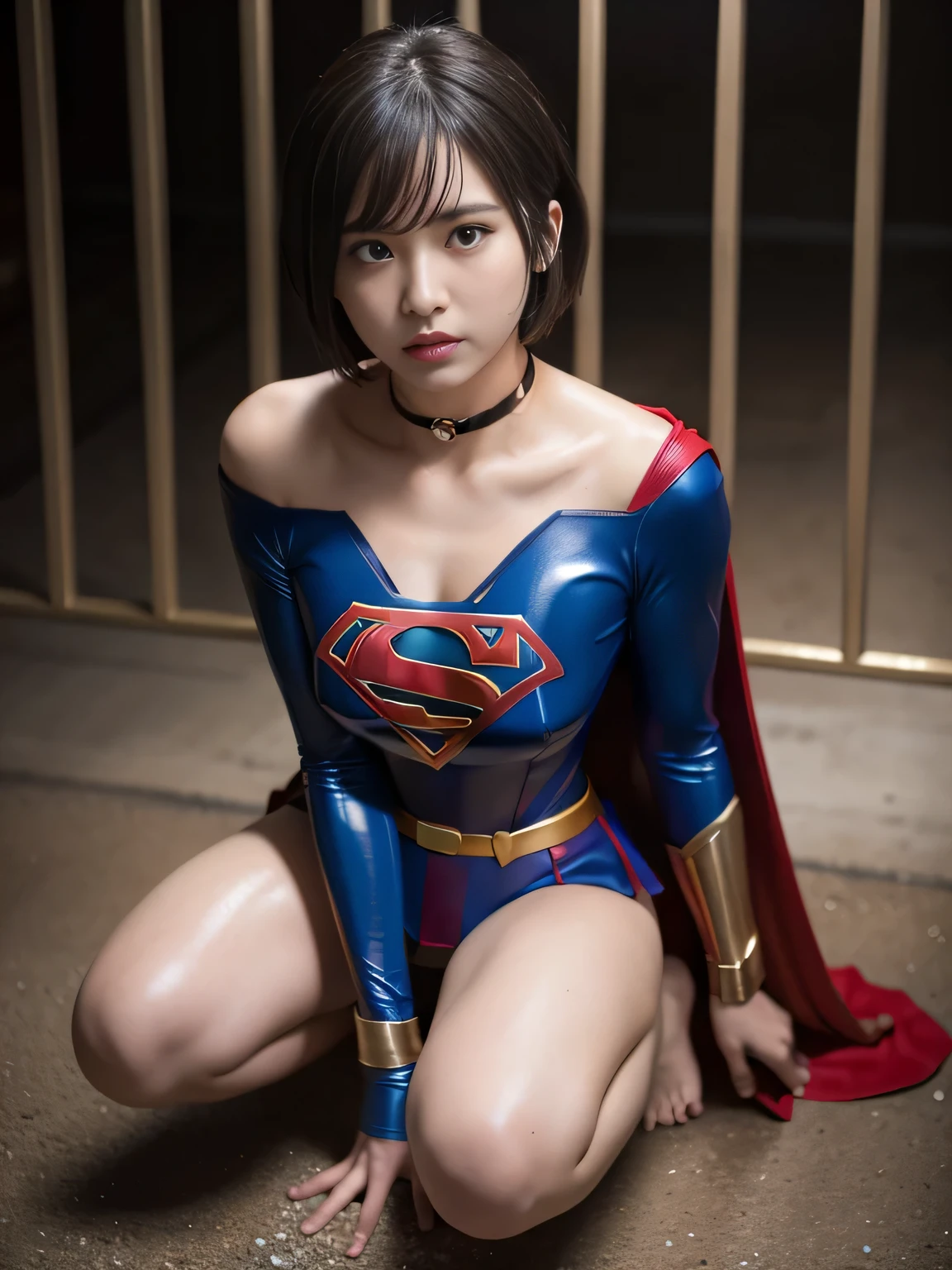 masterpiece、Supergirl Costume、short hair、barefoot、Big and ample breasts、Crisis situation、Complete surrender、Underground Prison、In a cage、Abused、Kneel、Sweaty、Shiny、looking at the camera、Rusted chains、choker、Long sleeve、Sexy poses to seduce、Poor environment、Humiliating、Off the shoulder、latex、