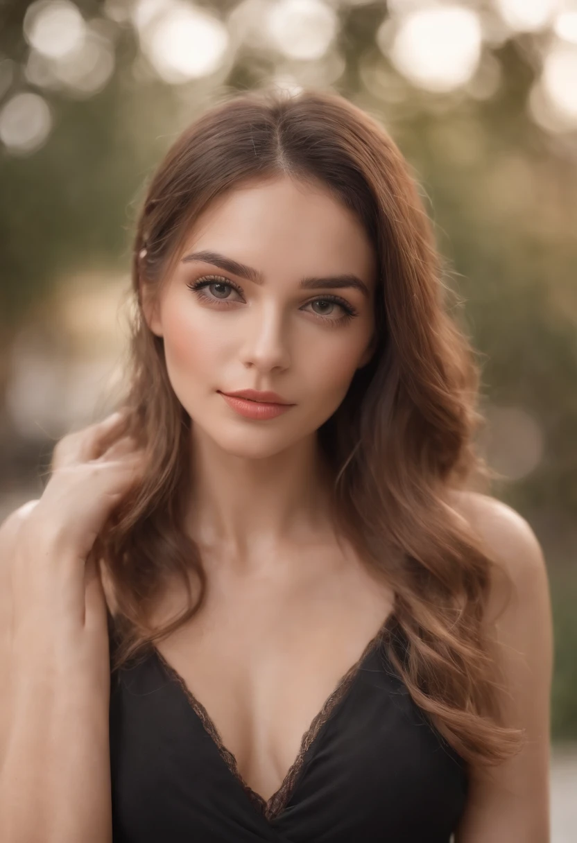 hyper realistic photo, andar de corpo inteiro, (de uma mulher bonita), Beautiful and detailed fascinations, olhar cativante com seus belos olhos azuis, anatomia perfeita, posing in front of a reflex camera, com luz natural e brilhante, reflete a luz e brilha em seu lindo cabelo preto macio e levemente ondulado, Elegantly dressed in stylish black top and pants, Uma top model, with great self-confidence, 8k UHD, uma obra-prima, 3D rendering