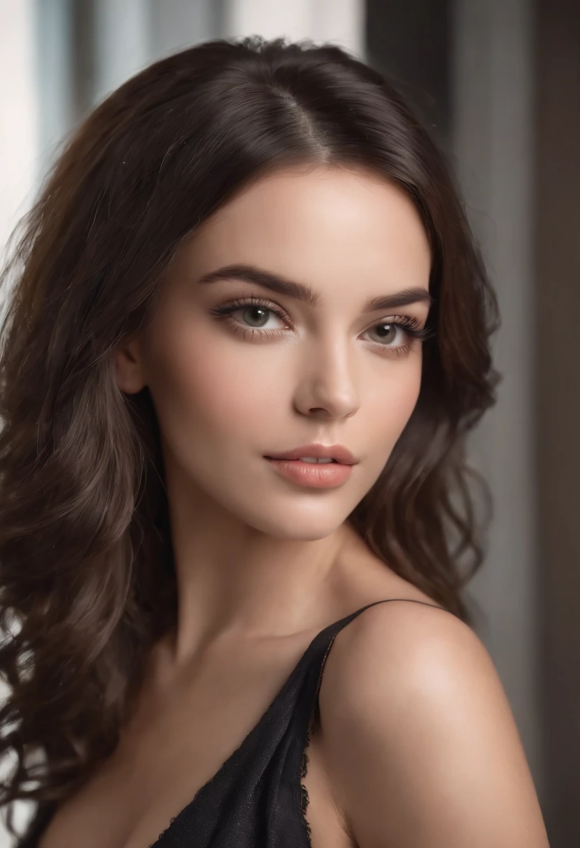 hyper realistic photo, andar de corpo inteiro, (de uma mulher bonita), Beautiful and detailed fascinations, olhar cativante com seus belos olhos azuis, anatomia perfeita, posing in front of a reflex camera, com luz natural e brilhante, reflete a luz e brilha em seu lindo cabelo preto macio e levemente ondulado, Elegantly dressed in stylish black top and pants, Uma top model, with great self-confidence, 8k UHD, uma obra-prima, 3D rendering