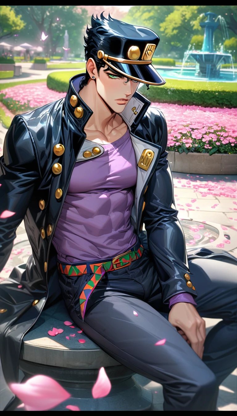 absurdres, highres, ultra detailed, HDR, master piece, best quality, Jotaro Kujo, black hair, expressive green eyes, black hat, Jojo bizarre adventure, solo, sexy man, handsome, black leather coat, purple shirt, pink flowers, pink petals, pink butterflies, blossoms, park, fountain, sitting