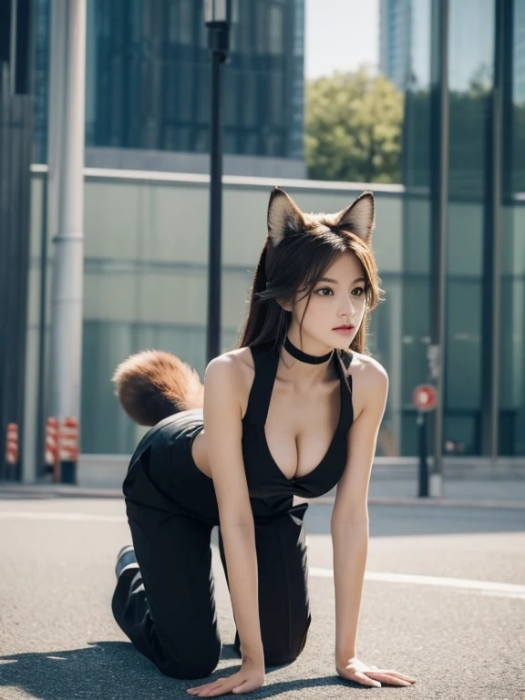 ((highest quality, 32k)), ((masterpiece)), (Familiar), Perfect Face, Fox Girl, Beautiful girl, public, Has a tail, She has a fox tail, She stands up her fluffy tail, cat collar, Beautiful hip line, Big Breasts, She is wearing a business suit, A large tail sticks out, Troubled face, Climbing on all fours, Nice body