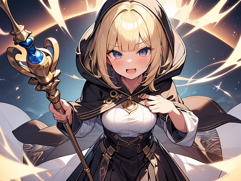 Masterpiece, Top quality, (1 beautiful girl), junior high school student, Blonde, short Hair, wavy Hair, blunt bangs, standard weight, (small breasts), ((very large dark sorceress long robe with hood)), pleated skirt, smug, open mouth, attacking with a magic staff, beautiful scene of fantasy world, cowboy shot, Clothes swaying in the wind, ((from above))