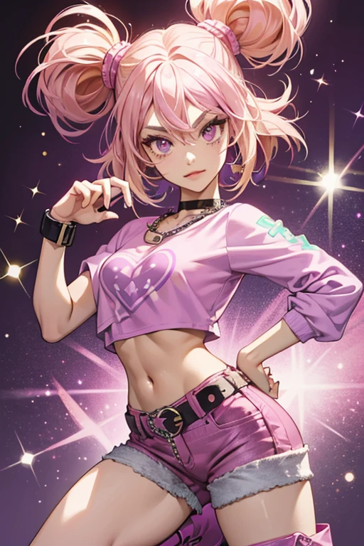 Roxy has light skin and dark violet eyes. She has waist-length purple-pink hair with blonde tips. Her main outfit consists of a hot pink shirt with a pawprint symbol worn over a green crop top, short denim capris with a metal chain belt, and hot pink boots. SPARKLE; GLITTER