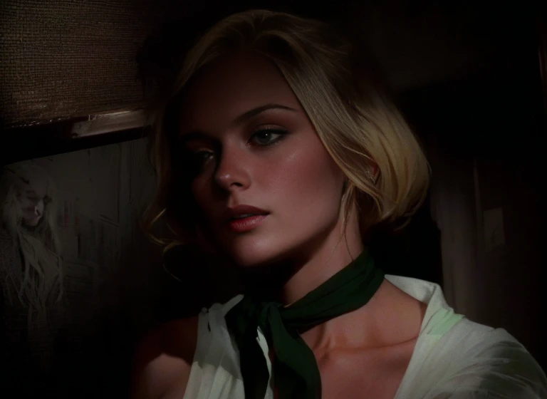 Blonde woman with green scarf in a dark room, Movie screencaps, Movie screenshots, Roger Deakins style, Horror movie stills, movie scene close up, Horror movie stills, A scene from the 1968 film, Close-up portrait movie still, Movie stills, Movie screenshots