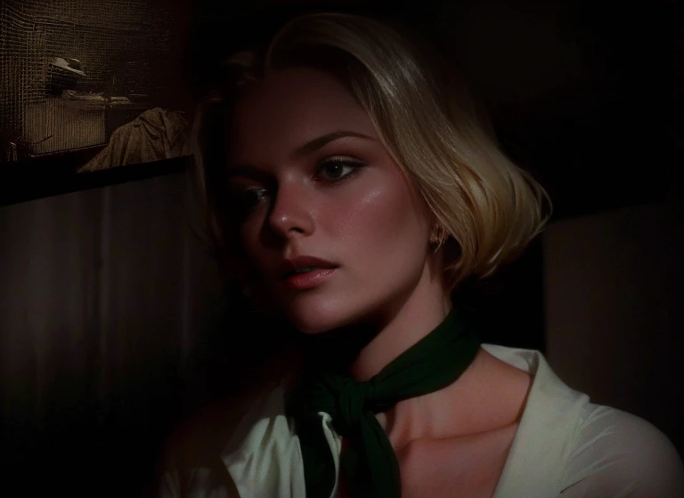 Blonde woman with green scarf in a dark room, Movie screencaps, Movie screenshots, Roger Deakins style, Horror movie stills, movie scene close up, Horror movie stills, A scene from the 1968 film, Close-up portrait movie still, Movie stills, Movie screenshots