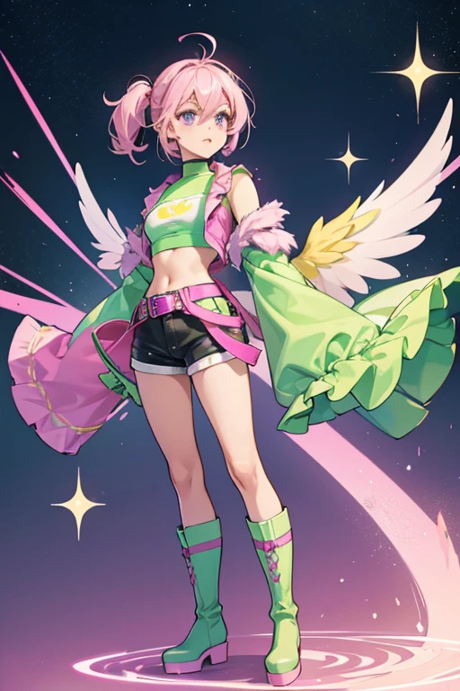 Roxy has light skin and dark violet eyes. She has waist-length purple-pink hair with blonde tips. outfit consists of a sea green crop top with one sleeve; short shorts of the same color; a yellow-green belt with pink ruffles attached to it; a light green, fingerless glove; green platform boots with pink socks; and large wings with green and pink designs. SPARKLE; GLITTER