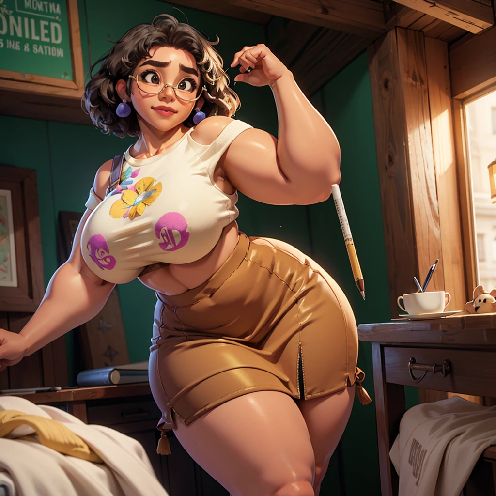 mirabel madrigal, glasses, smile, ((sleeveless sweater)), market background, (((pencil skirt))), (((brown skin))), detailed skin, perfect legs, perfect thighs, (((curvy body))), BIG BREASTS, INVITING TO SEX