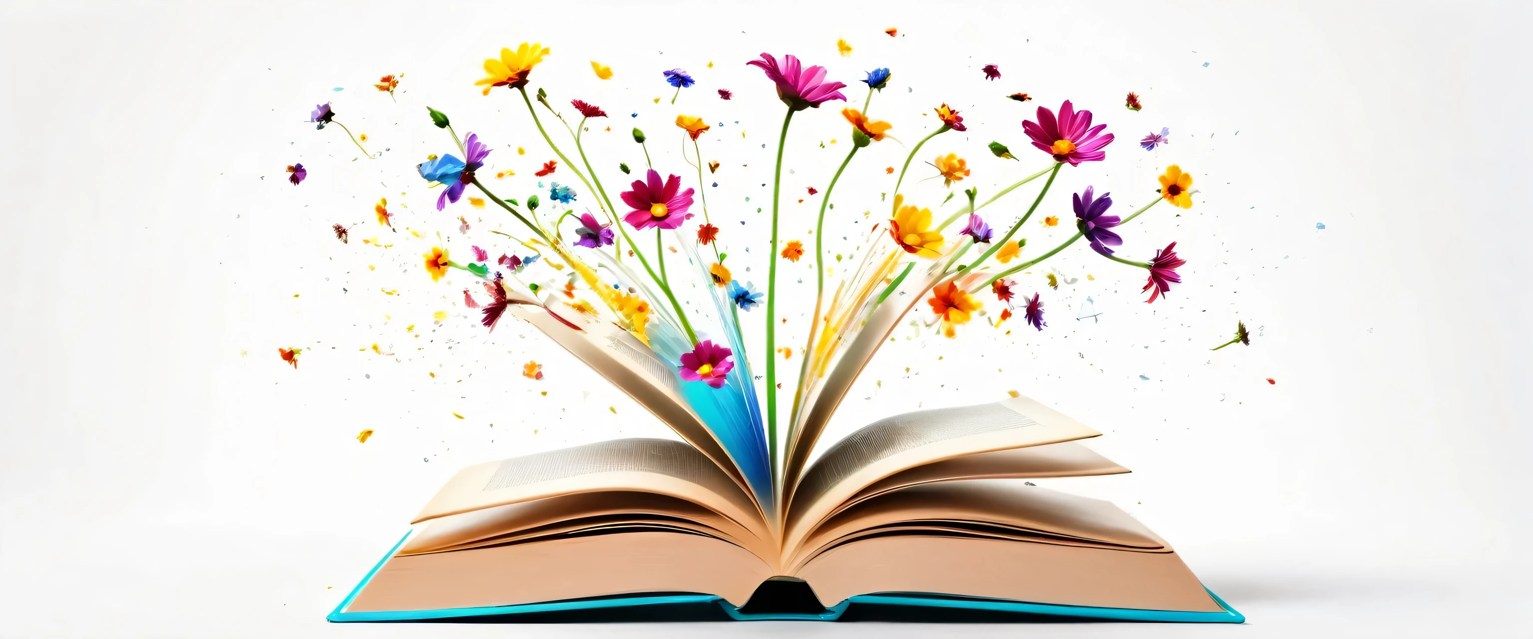 Open book with fantastic levitation glowing colorful flowers splash on white background, beautiful, World book day, knowledge and creativity concept, spring, summer mood. Ai Generative