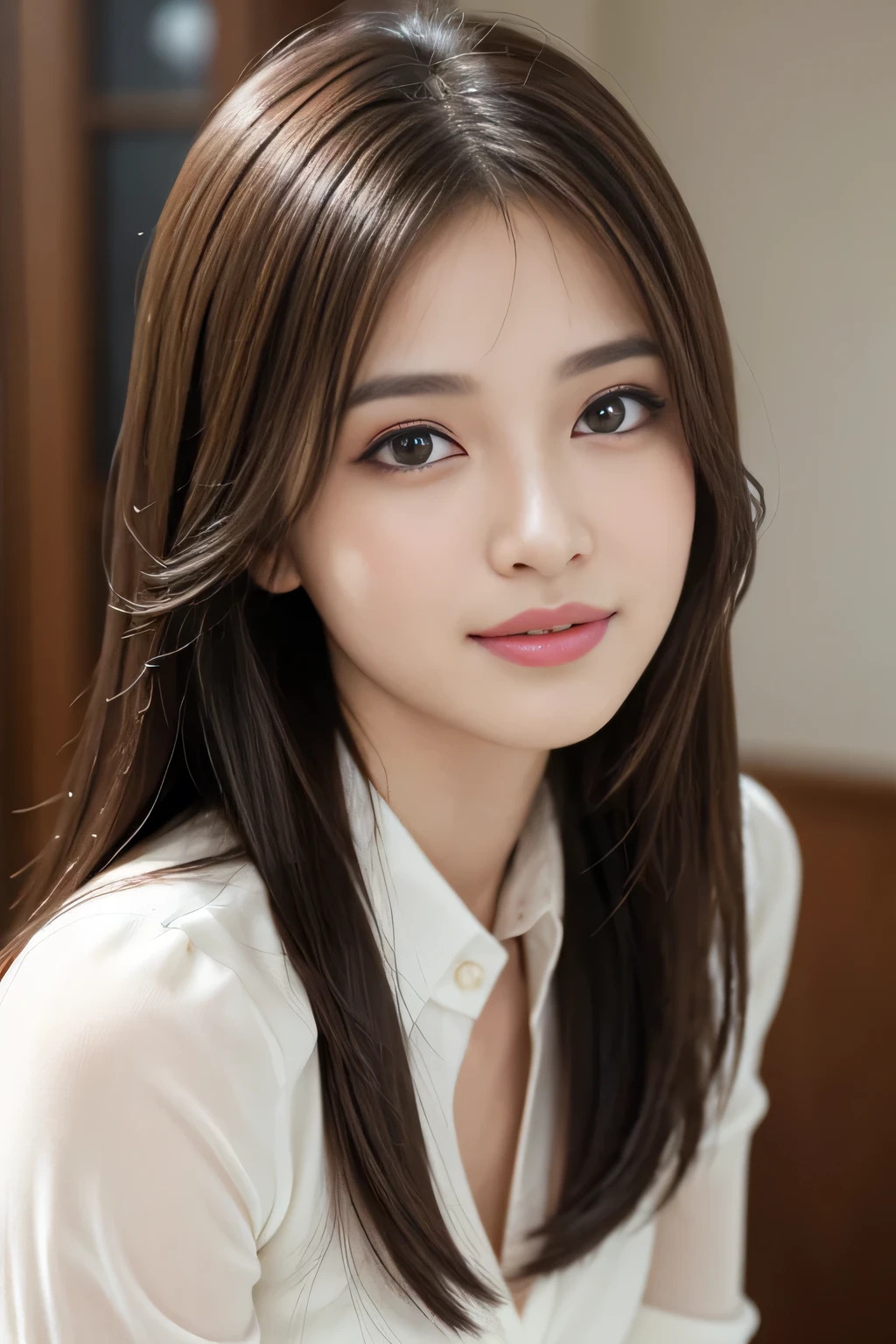 (RAW Photos), (Realistic), (masterpiece), (highest quality), High resolution, 8k, (Intricate details), (Volumetric Light), Portraiture, woman, Age 25, Medium Hair, Straight hair, Layered Hair, Brown Hair, Very beautiful eyes, Source order, Very thin eyebrows, Very fine skin, Very beautiful mouth, Very nice nose, Cute like an idol,Small cleavage、smile, (Thick lips), (Looking at the audience), (Collared dress shirt), Above the knee shot,Slim figure、