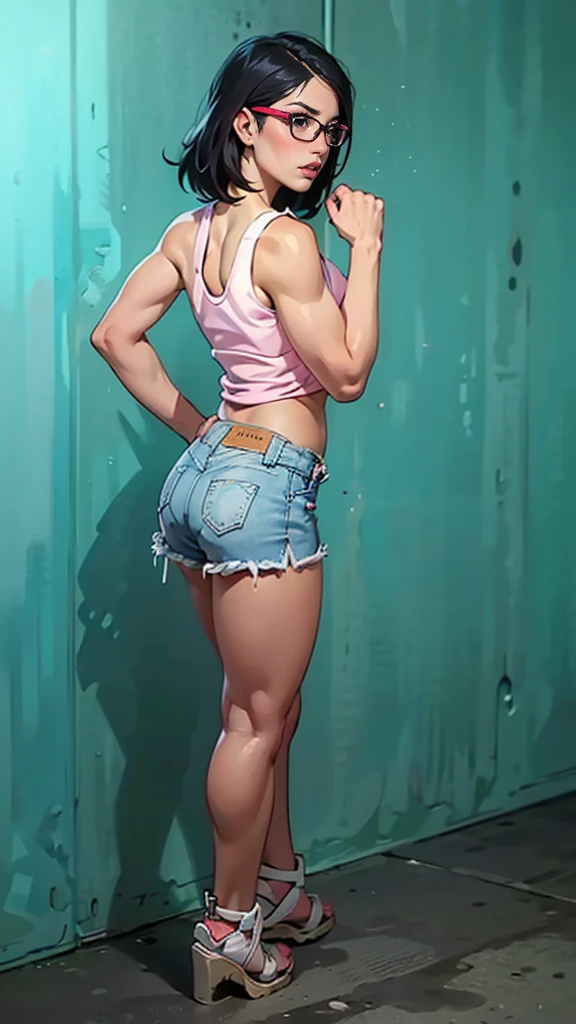 (1girl, Alone, alone), (WakatsukiRisa, sarada uchiha, black hair, short hair, Black eyes, red glasses), ((Alone, (1woman,pink lipstick, Black eyes), extremely detailed , Soft ambient lighting, 4K, perfect eyes, a perfect face, Perfect Lighting, the 1girl)), ((fitness, , shapely body, athletic body, toned body)) , ((denim shorts, white tank top))