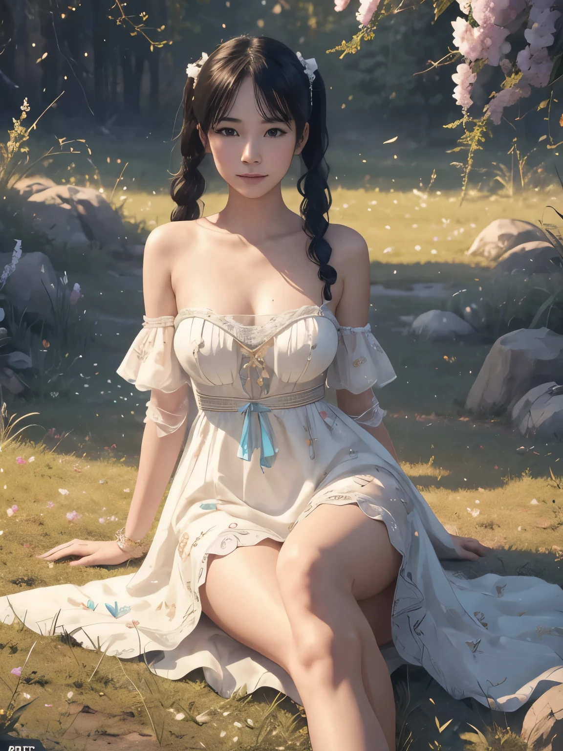 (masterpiece、highest quality、highest quality、公式art、Beautiful and beautiful:1.2)、(One girl:1.3)Hatsune Miku、Twin tails,Big Breasts,(Ultra-realistic), (figure), (High resolution), (8k), body, (Very detailed), (Best illustrations), (Beautiful and detailed), (highest quality), (Super Detail), (masterpiece), (Desktop Wallpaper), Beautiful Face, (Detailed face), (Detailed face), Distinct facial features, milky, Fair skin, Skin with attention to detail, Realistic skin detail, Visible pores, (Dynamic pose), Sitting on the grass holding a white cat, 1 girl, art:John Collier、Albert Albright、Krentz-Cusat、Artem Demla, Colorful, Shallow smile, Cameltoe, half-body, Perfect Scale , open shoulder dress: 1.5, Pasture on the property, Side light, ray luminescence, Optics