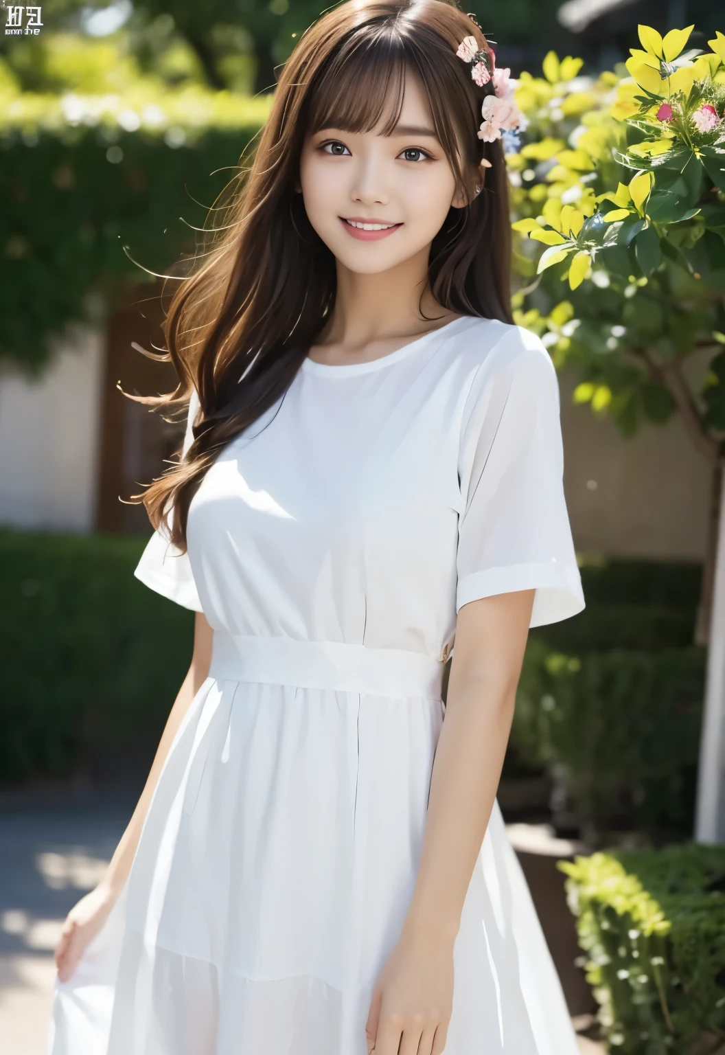 (masterpiece, best quality:1.1), (8k, raw photo, photo realistic:1.2, f22), (shiny skin), detailed skin,long hair,detailed face, detailed eyes,smile,BREAK, real world, intricate details, smil, BREAK, 1girl, full body,(white,short sleeves,dress)BREAK, (morning,flower:1.4)