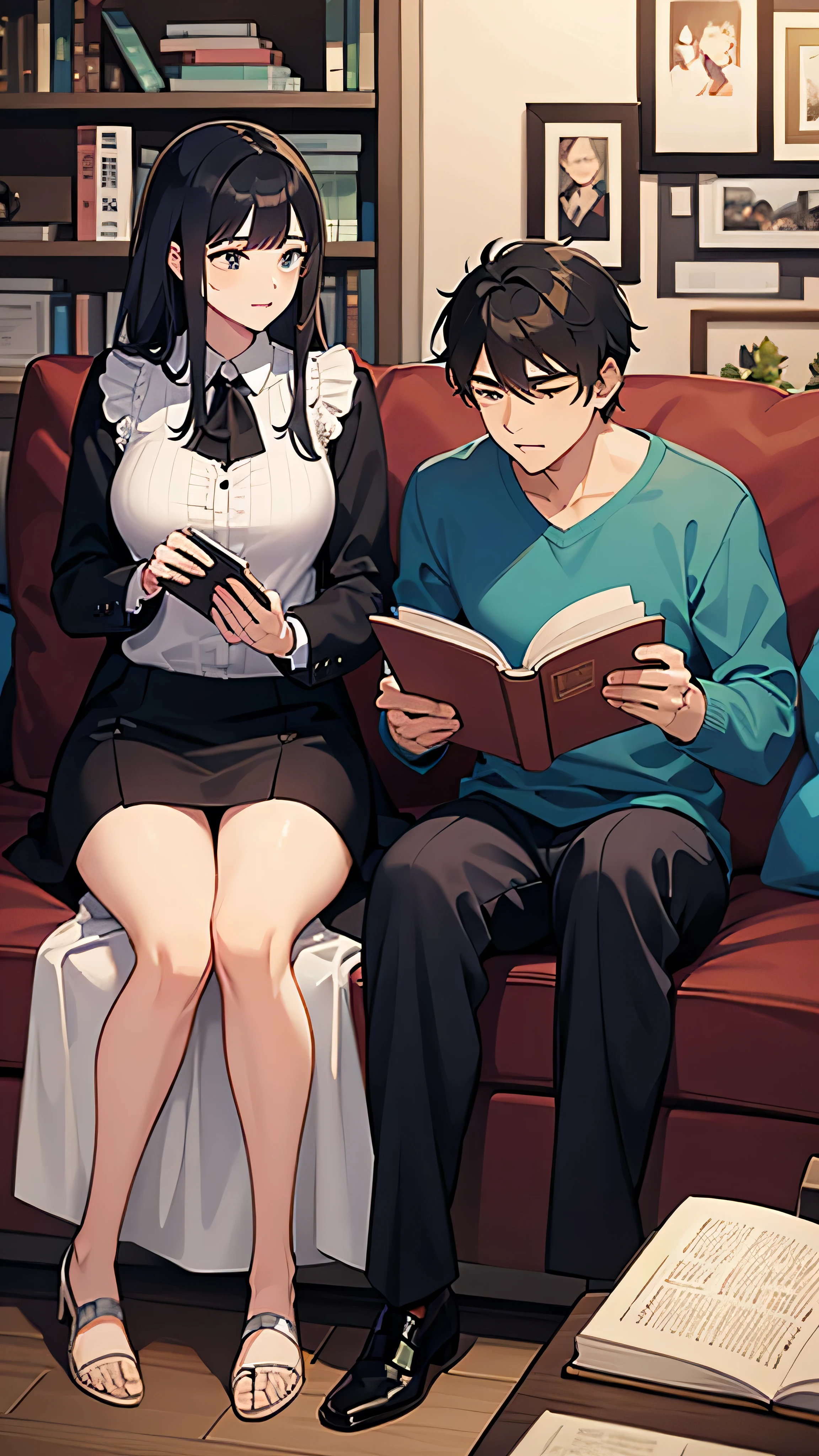 A man and a woman reading a book together