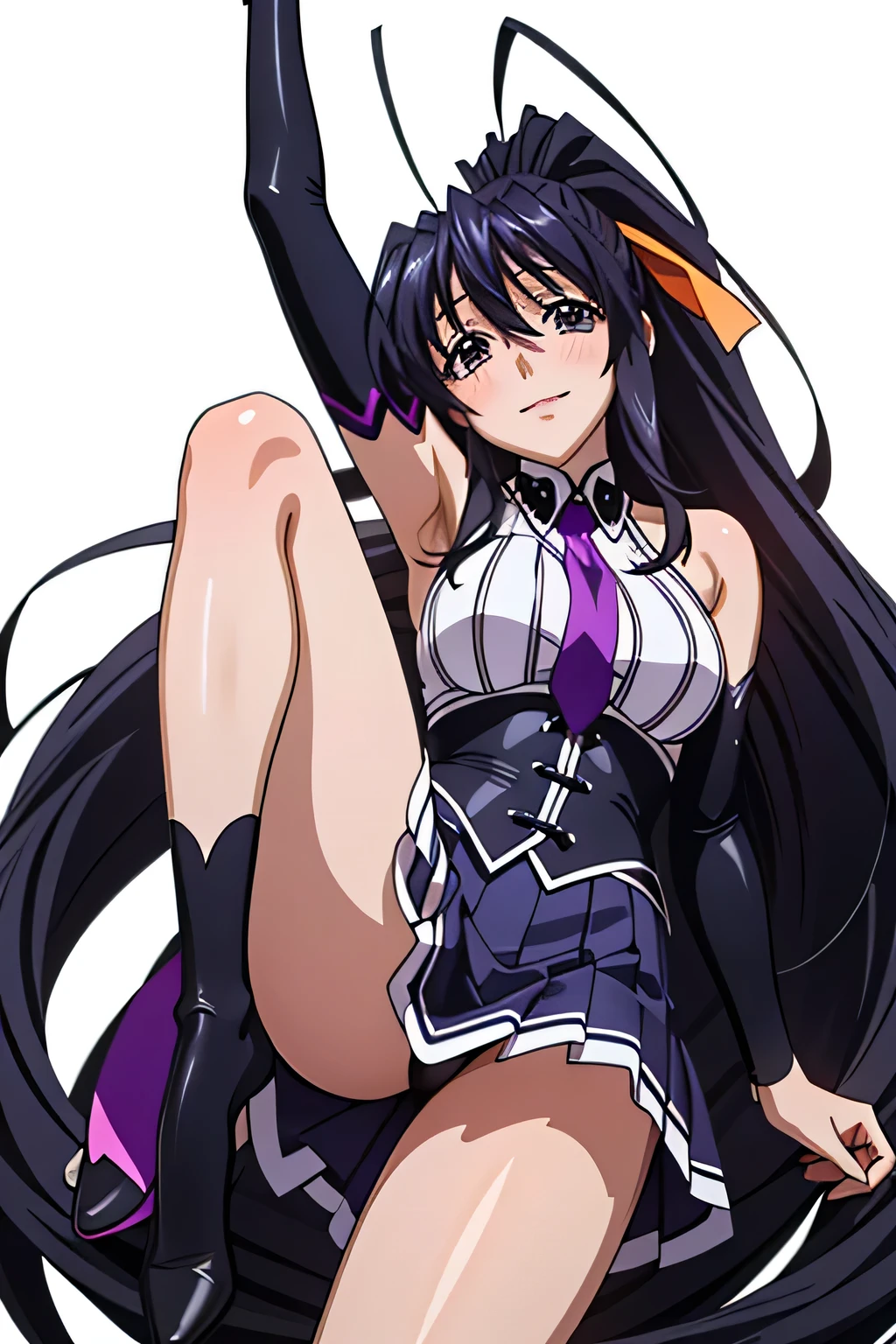 Himejima Akeno、Long Hair、(draw the eyes:1.2)、one person 、smile 、blush 
、mini skirt
、Looking up from below
、Kick up your legs
、(highest quality) 、(Fine skin:1.3)