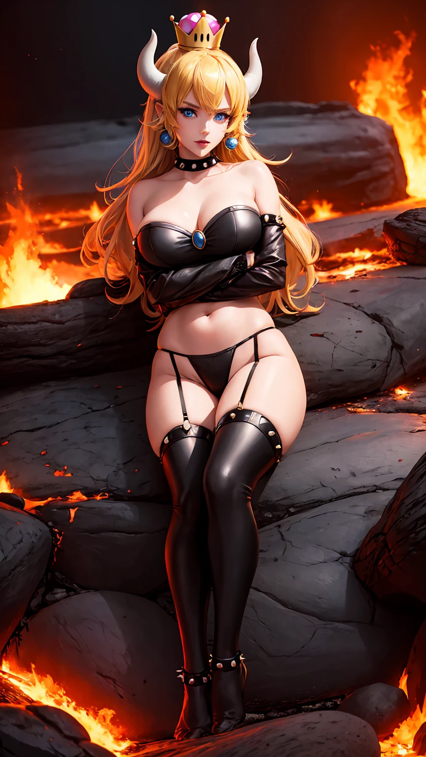 ((high detailed, best quality, 4k, masterpiece, hd:1.3)), ((best quality)), (((HD))), (((8k))), (ultraDH), (ultra HD), Princess Daisy, blue eyes, BREAK blue eyes, seductive, attractive, smooth anime cg art, 36C breasts, long legs, vivid colors, detailed digital art, slim body, perfect skin, dark blonde hair, long hair, blonde hair, blonde hair, BREAK crown, cleavage, 36C cleavage, looking at viewer, BREAK looking at viewer, extremely detailed face, red santa suit, red santa claus suit, santa claus suit, earrings, gem, dark black makeup lips, dark gothic eyeshadows, dark eyeshadows, black eyeshadows, black sexy lips, black lips, (dark:1.2), dark lips, very dark lips, (perfect hands, perfect anatomy), black makeup, black medium lips, black thick lips, detailed fingers, five fingers per hand, 5 fingers, (1 girl), detailed lips, detailed black lips, black painted lips, gothic painted lips, BREAK night, night sky, (breast focus), (arms outstreched:1.2), (from above:1.1), (breasts out:1.3), (off shoulder:1.1), (white horns), (bra), inside a lava castle, she inside a sea of lava, she bathing in lava, full body, perfect long legs, perfect foots, legs and foots into the lava,