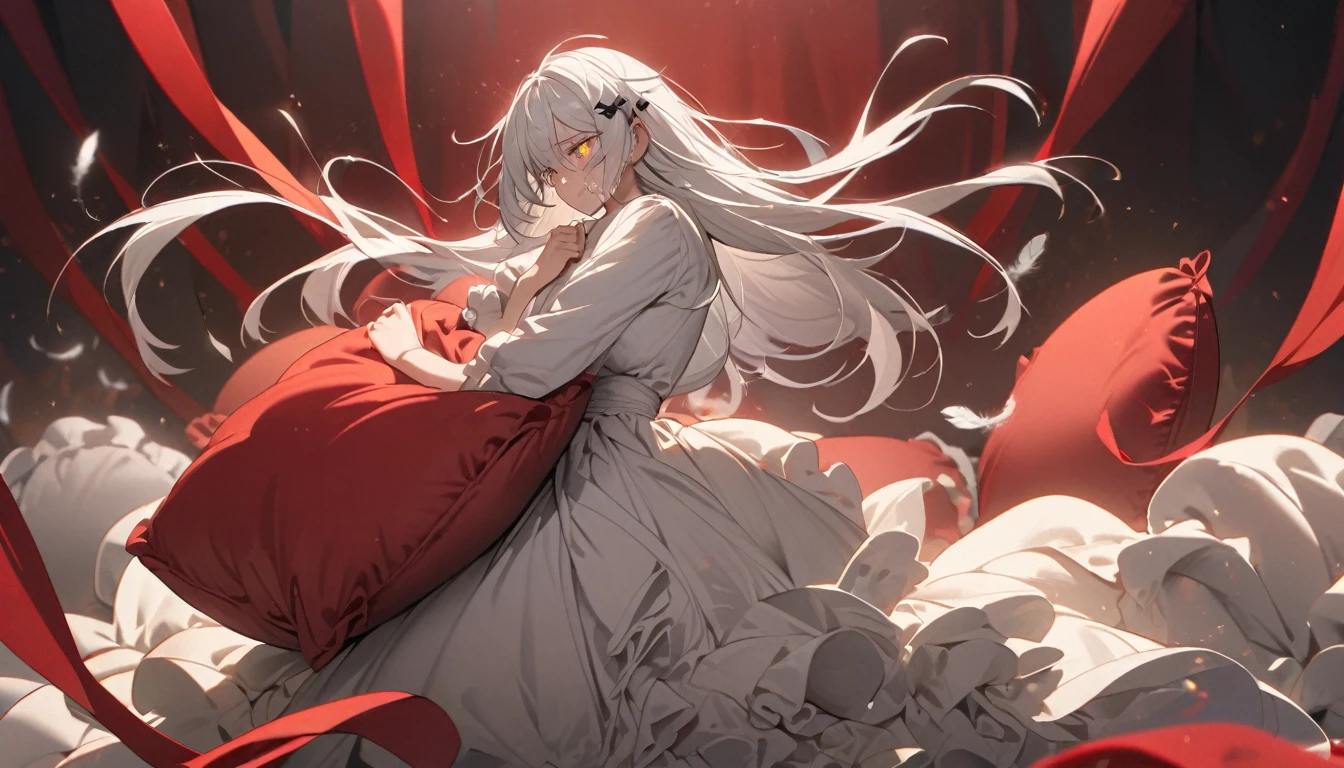 A woman, flowing white hair, melancholy eyes, yellow pupils, black diamond-shaped hairpin, Tiny feathers are dancing, crying, Lots of cushions A woman sticks a pair of scissors into a tattered, super huge red silk cushion,