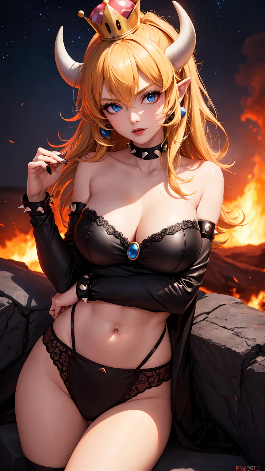 ((high detailed, best quality, 4k, masterpiece, hd:1.3)), ((best quality)), (((HD))), (((8k))), (ultraDH), (ultra HD), Princess Daisy, blue eyes, BREAK blue eyes, seductive, attractive, smooth anime cg art, 36C breasts, long legs, vivid colors, detailed digital art, slim body, perfect skin, dark blonde hair, long hair, blonde hair, blonde hair, BREAK crown, cleavage, 36C cleavage, looking at viewer, BREAK looking at viewer, extremely detailed face, red santa suit, red santa claus suit, santa claus suit, earrings, gem, dark black makeup lips, dark gothic eyeshadows, dark eyeshadows, black eyeshadows, black sexy lips, black lips, (dark:1.2), dark lips, very dark lips, (perfect hands, perfect anatomy), black makeup, black medium lips, black thick lips, detailed fingers, five fingers per hand, 5 fingers, (1 girl), detailed lips, detailed black lips, black painted lips, gothic painted lips, BREAK night, night sky, (breast focus), (arms outstreched:1.2), (from above:1.1), (breasts out:1.3), (off shoulder:1.1), (white horns), (bra), inside a lava castle, she inside a sea of lava, she bathing in lava,