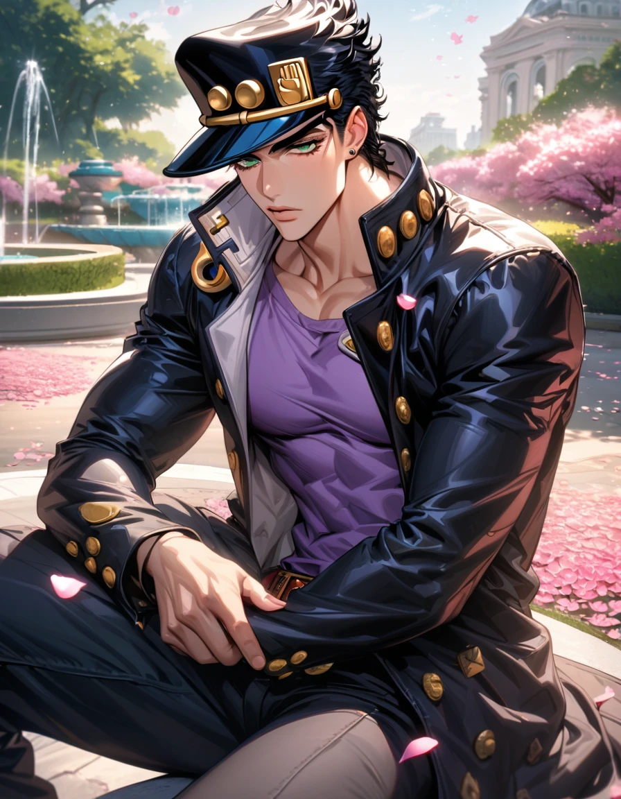 absurdres, highres, ultra detailed, HDR, master piece, best quality, Jotaro Kujo, black hair, expressive green eyes, black hat, Jojo bizarre adventure, solo, sexy man, handsome, black leather coat, purple shirt, pink flowers, pink petals, pink butterflies, blossoms, park, fountain, sitting