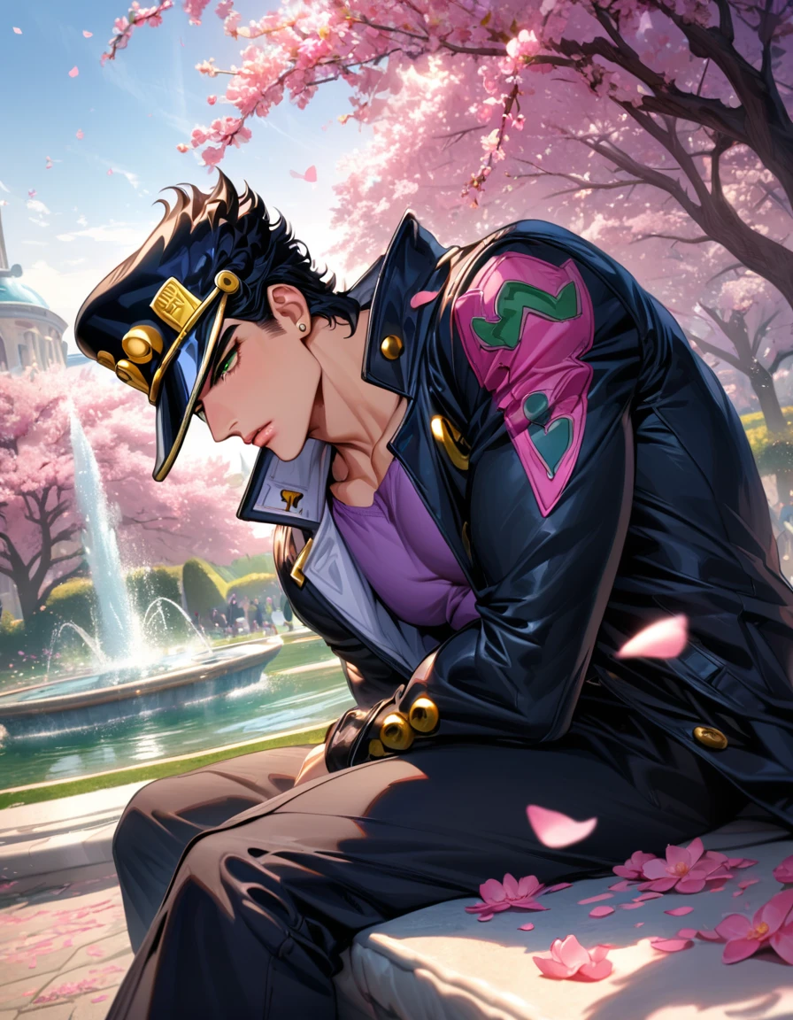 absurdres, highres, ultra detailed, HDR, master piece, best quality, Jotaro Kujo, black hair, expressive green eyes, black hat, Jojo bizarre adventure, solo, sexy man, handsome, black leather coat, purple shirt, pink flowers, pink petals, pink butterflies, blossoms, park, fountain, sitting