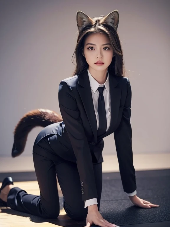 ((highest quality, 32k)), ((masterpiece)), (Familiar), Perfect Face, Fox Girl, Beautiful girl, public, Has a tail, She has a fox tail, She wags her big tail, cat collar, Beautiful hip line, Big Breasts, She is wearing a business suit, A large tail sticks out, Troubled face, Climbing on all fours, Nice body