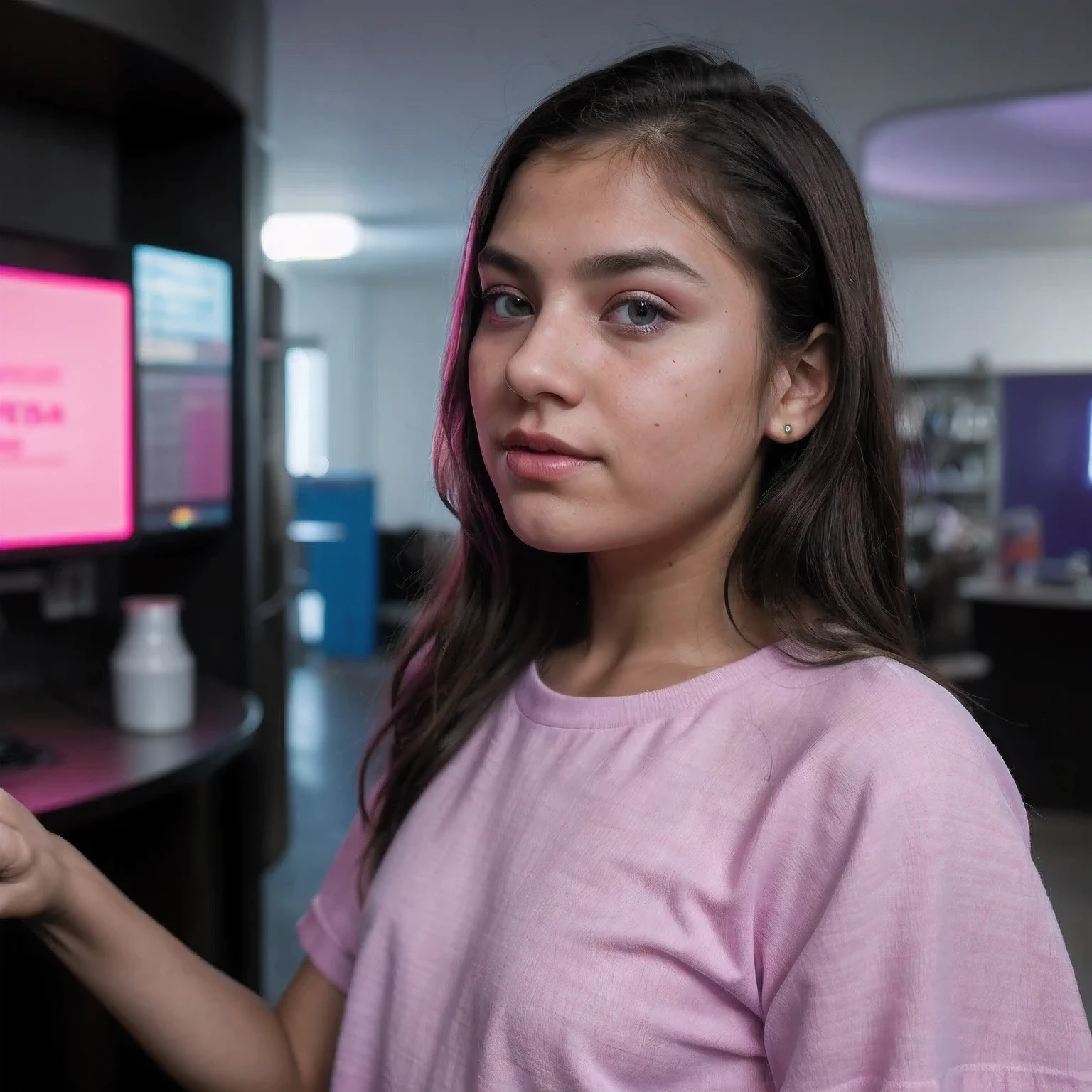 photo of a college student，9 years old, in Purple Pink, futuristic cotton and linen, (freckles:0.8) cute face, sci-fi, dystopian, detailed eyes, cobalt blue eyes（（Side view））Disco bar